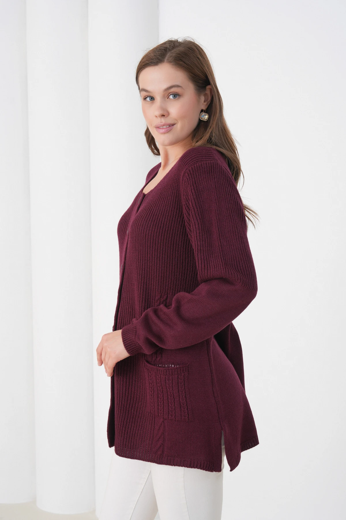 Kadın Anne Triko Cep detaylı Yün Hırka