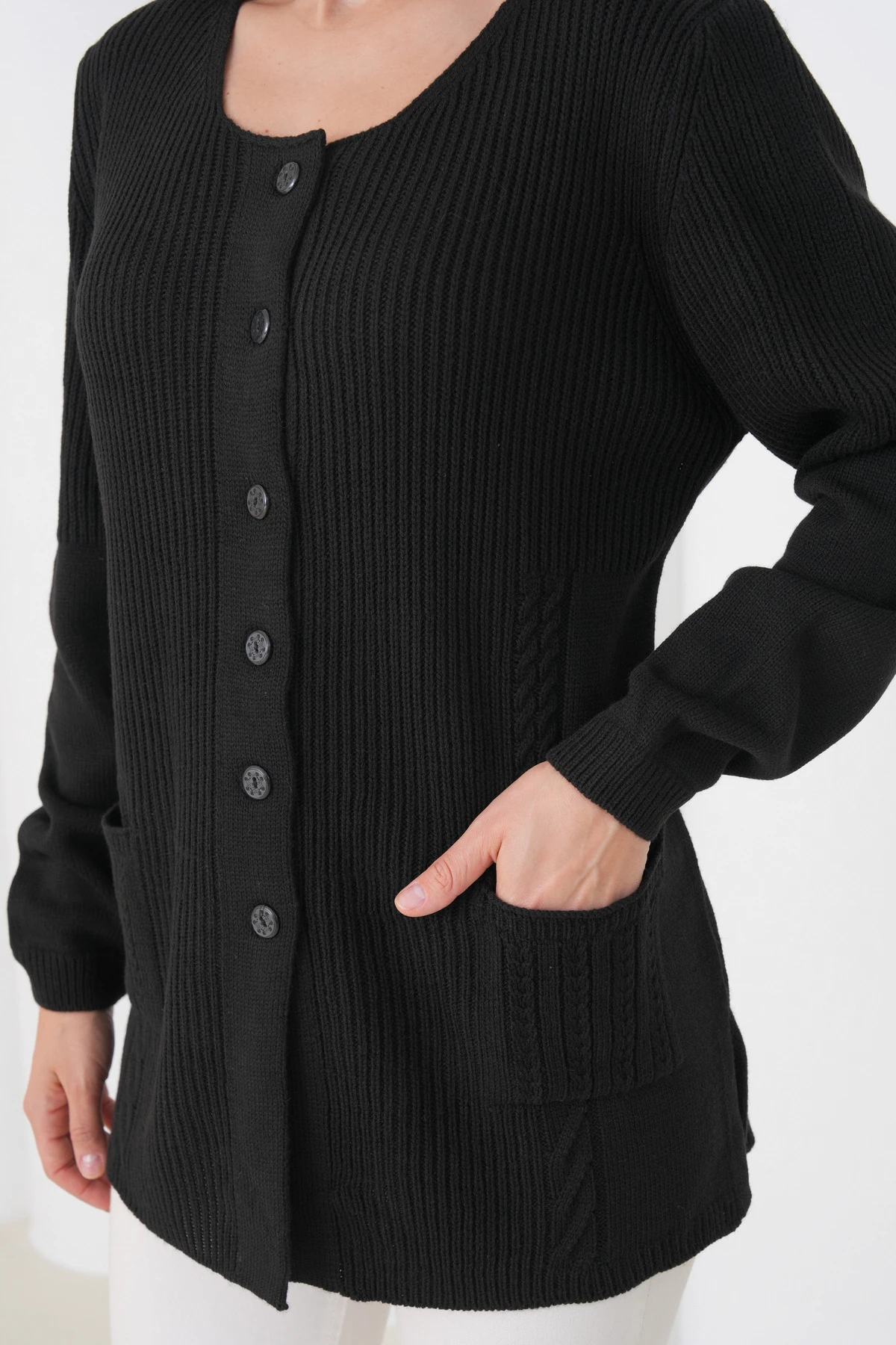 Kadın Anne Triko Cep detaylı Yün Hırka - siyah