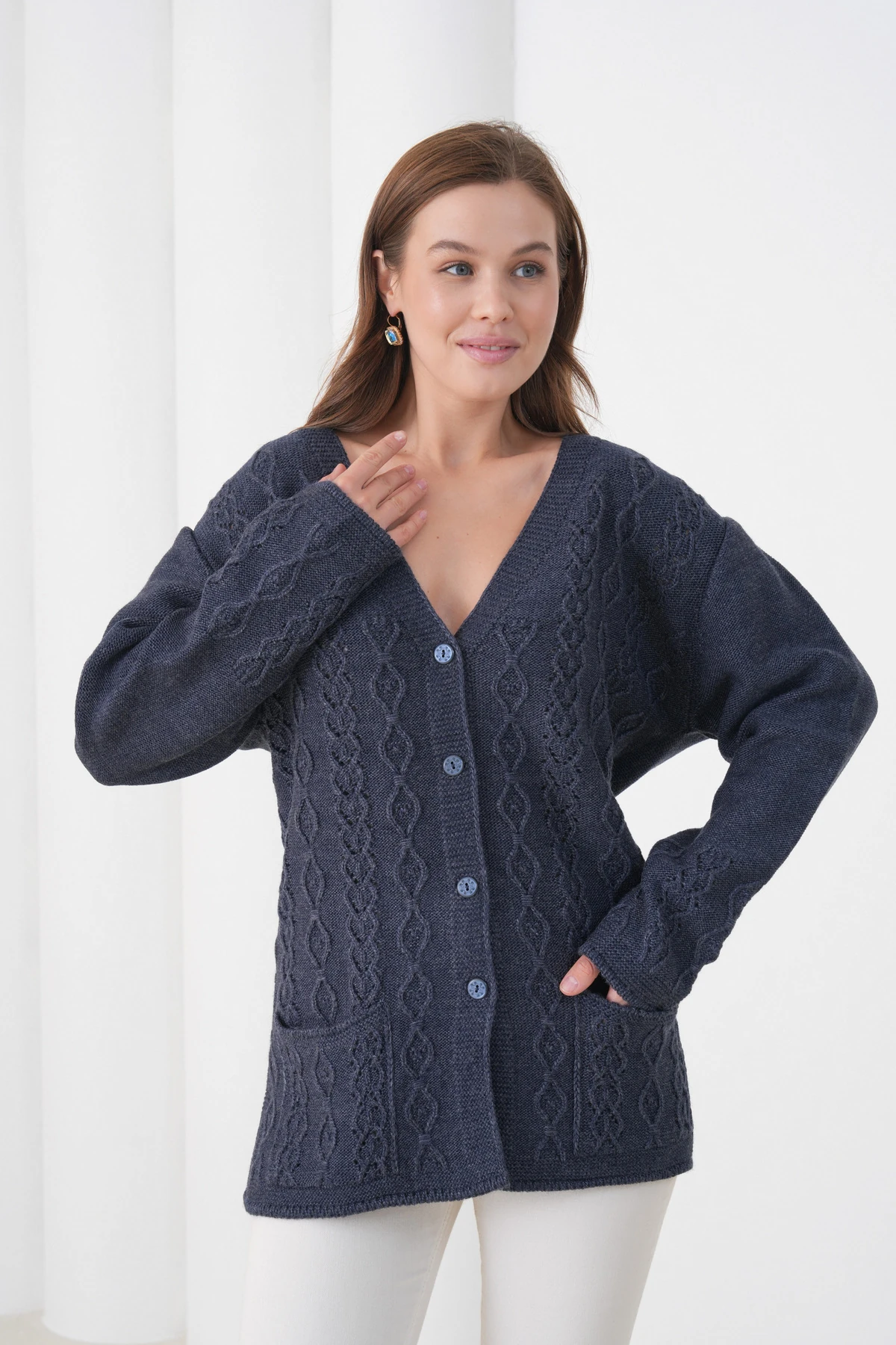 Anne Kadın Triko Cep detaylı Yün Hırka - lacivert