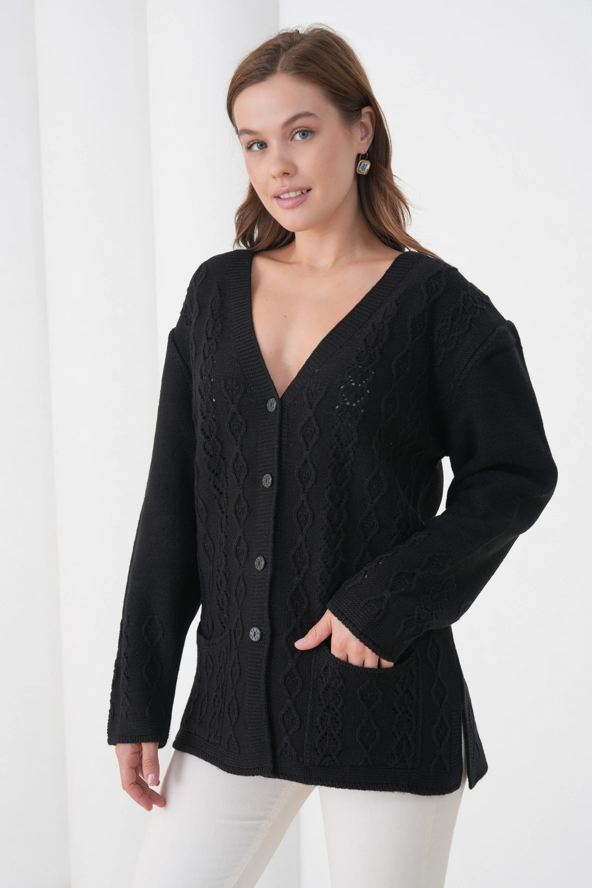 Anne Kadın Triko Cep detaylı Yün Hırka - siyah