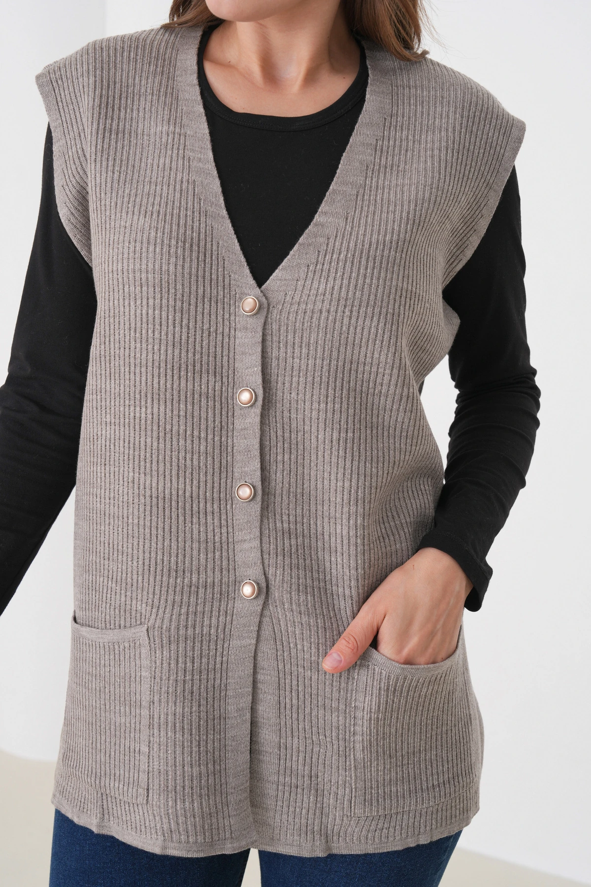 Anne Kadın Triko Fitilli Yün Yelek - vizon