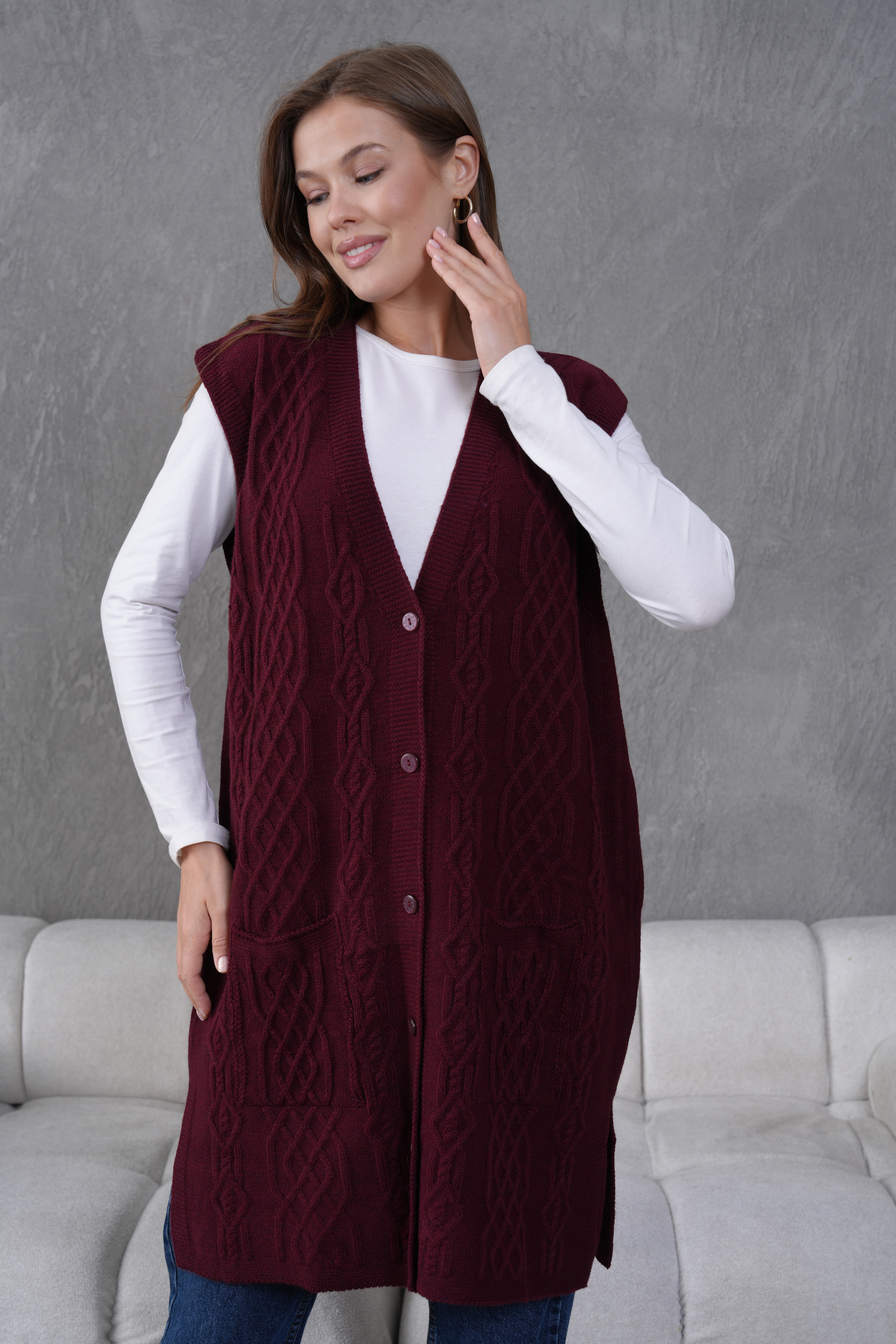 Triko Harttuş Uzun Yelek - bordo