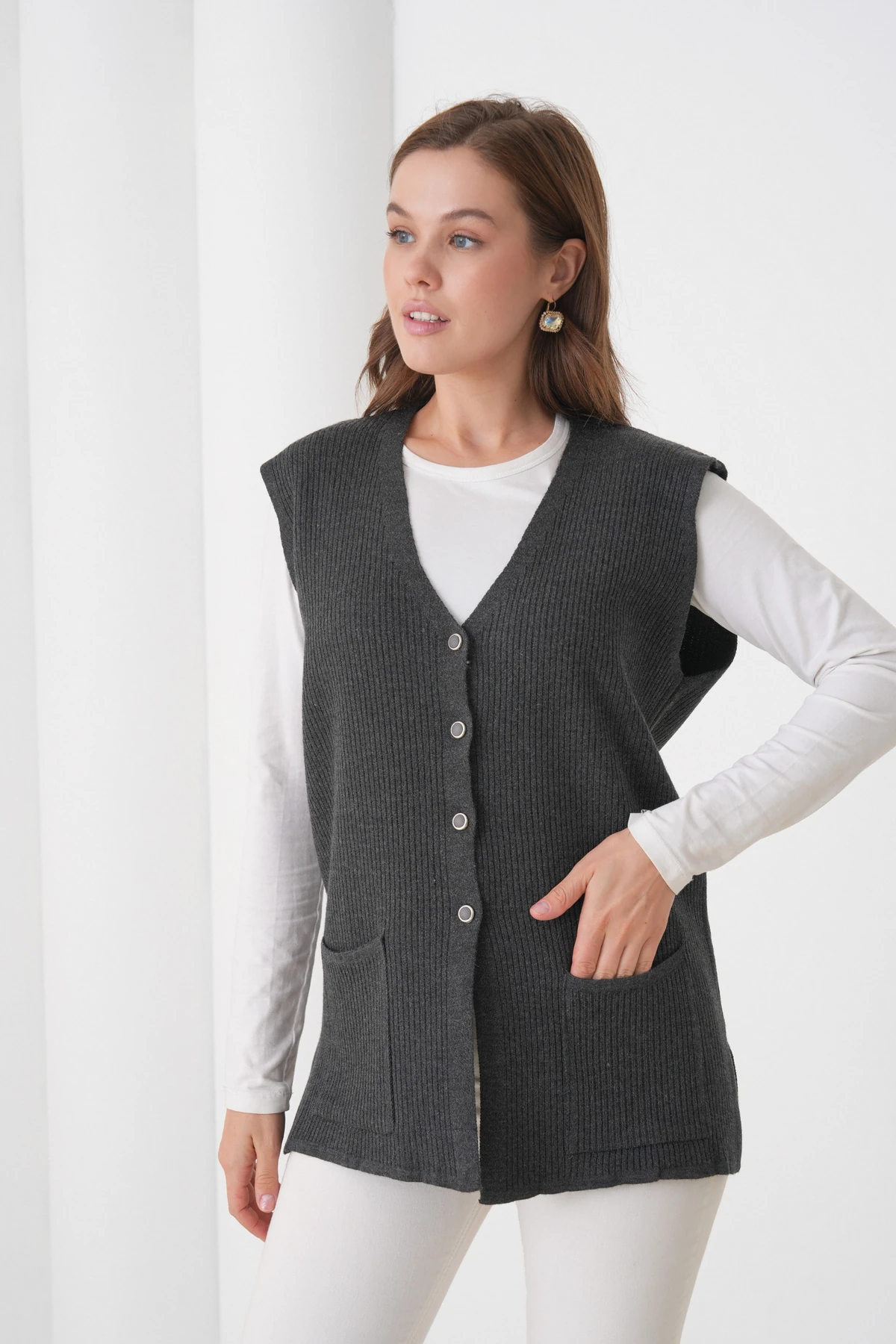 Anne Kadın Triko Fitilli Yün Yelek