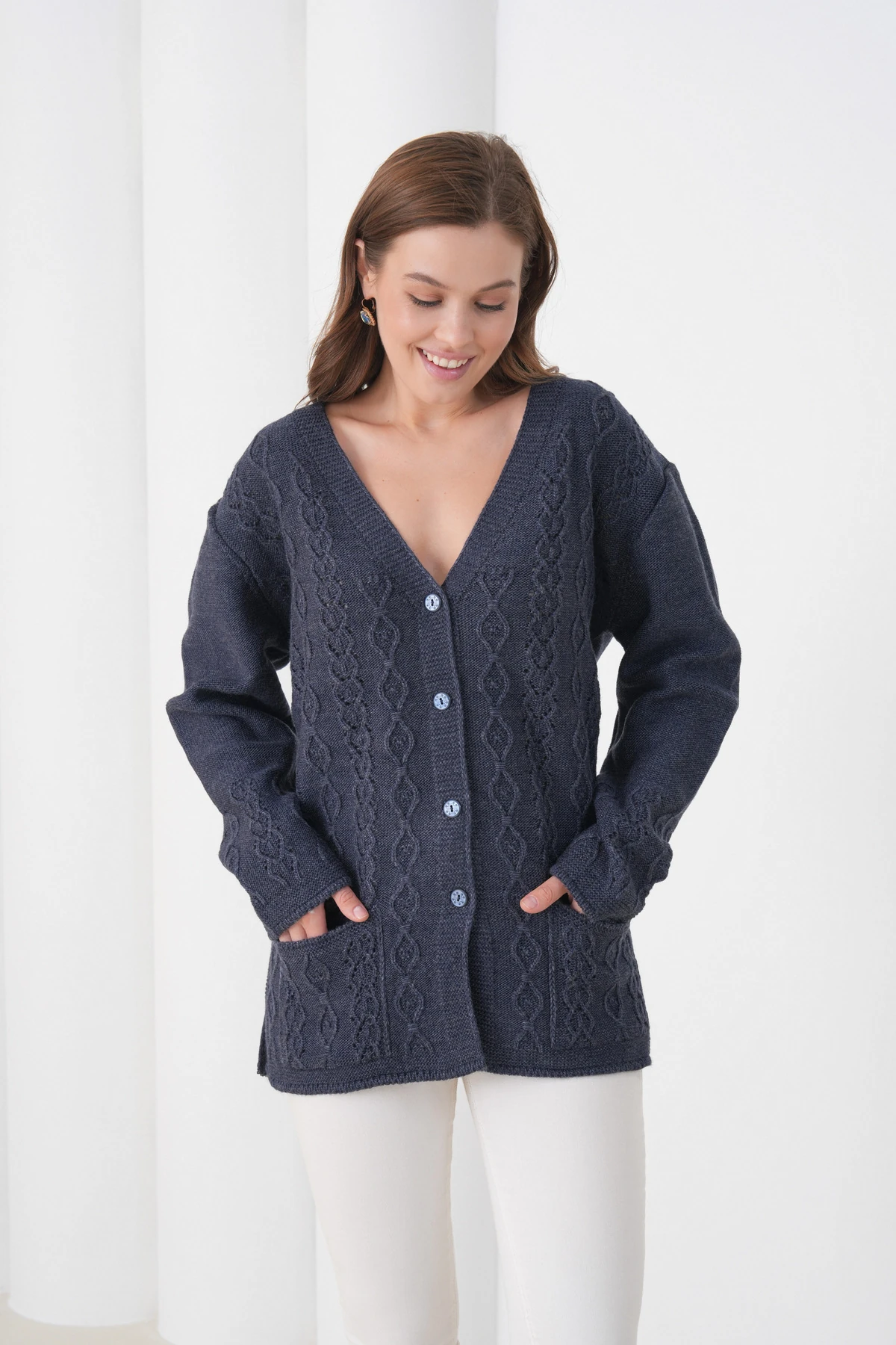 Anne Kadın Triko Cep detaylı Yün Hırka - lacivert