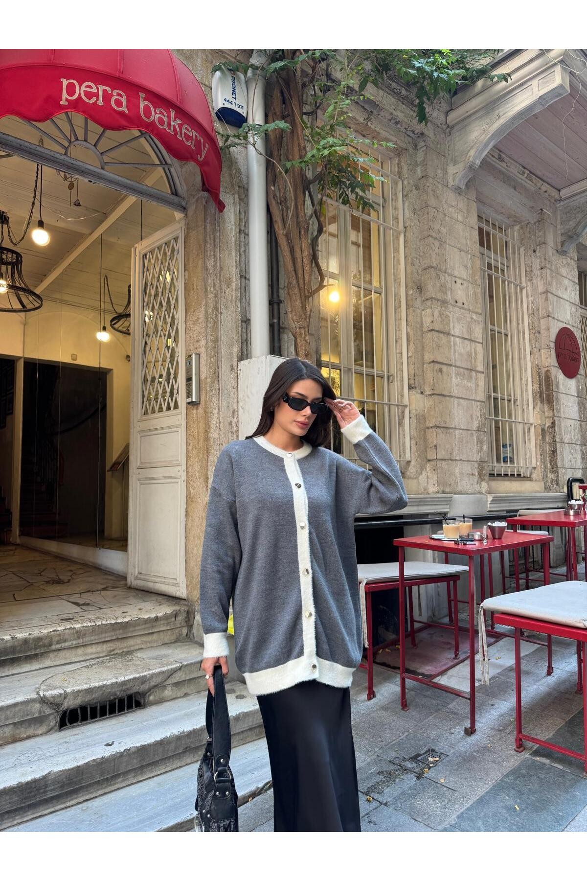 Çift Renk Detaylı Oversize Kadın Triko Hırka