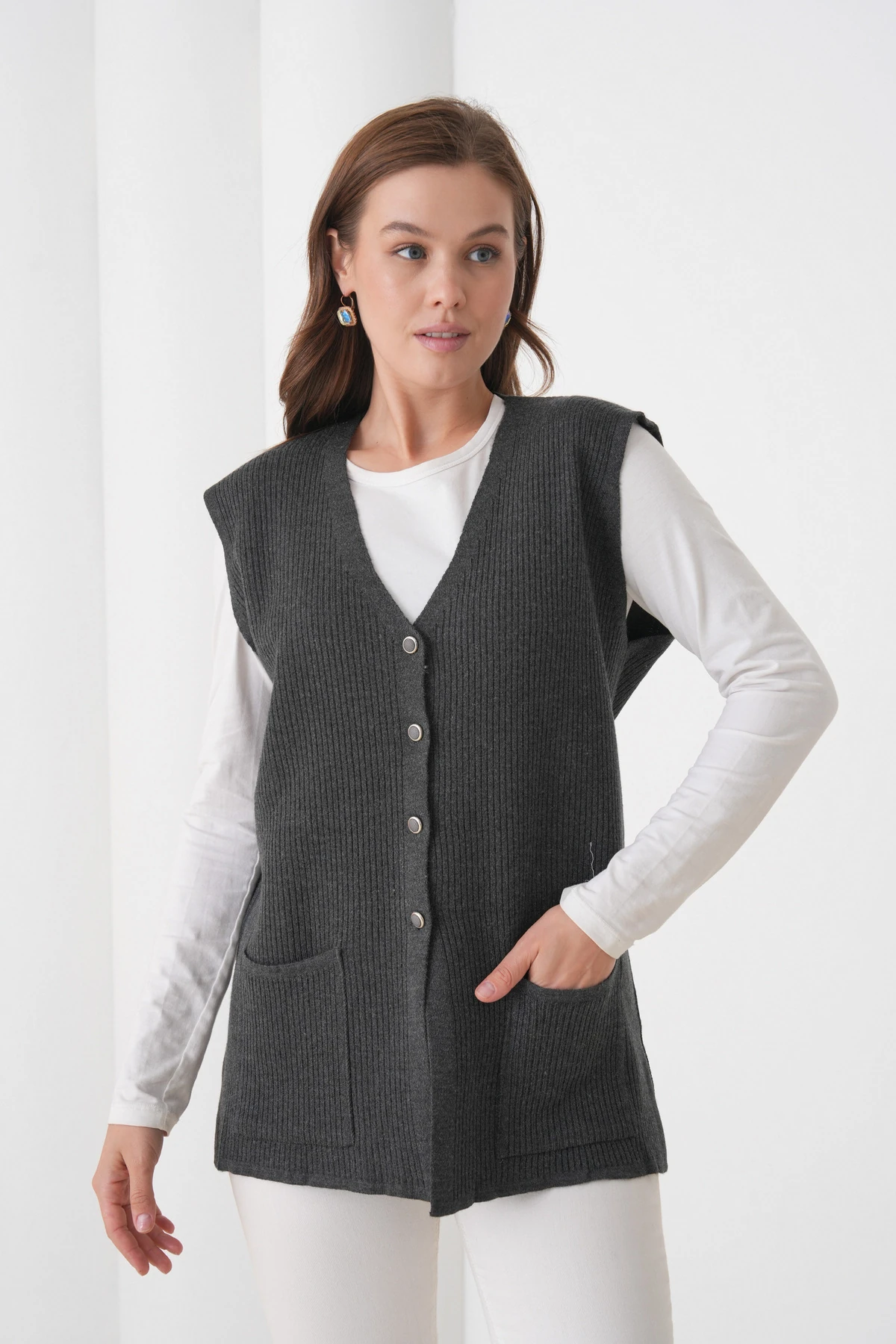 Anne Kadın Triko Fitilli Yün Yelek