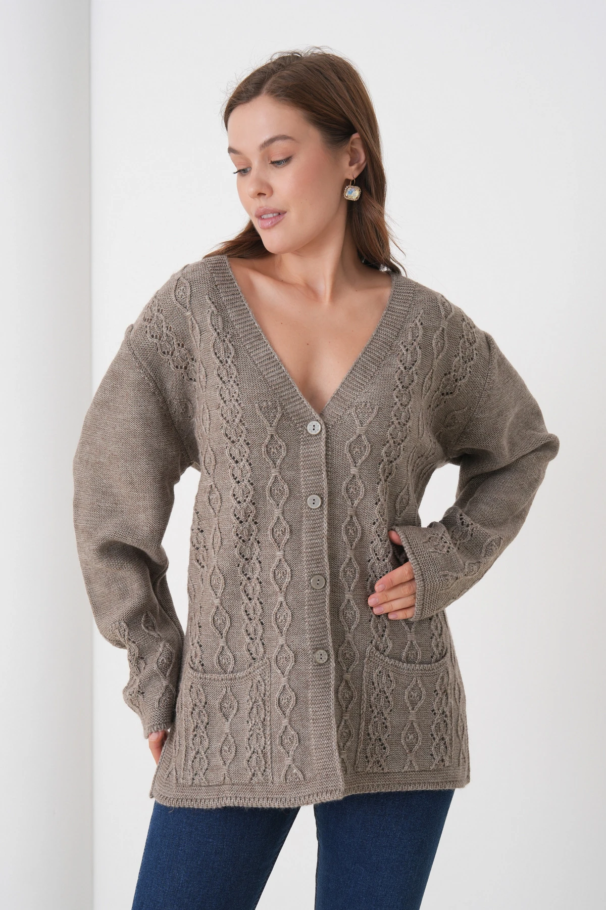 Anne Kadın Triko Cep detaylı Yün Hırka - kahve