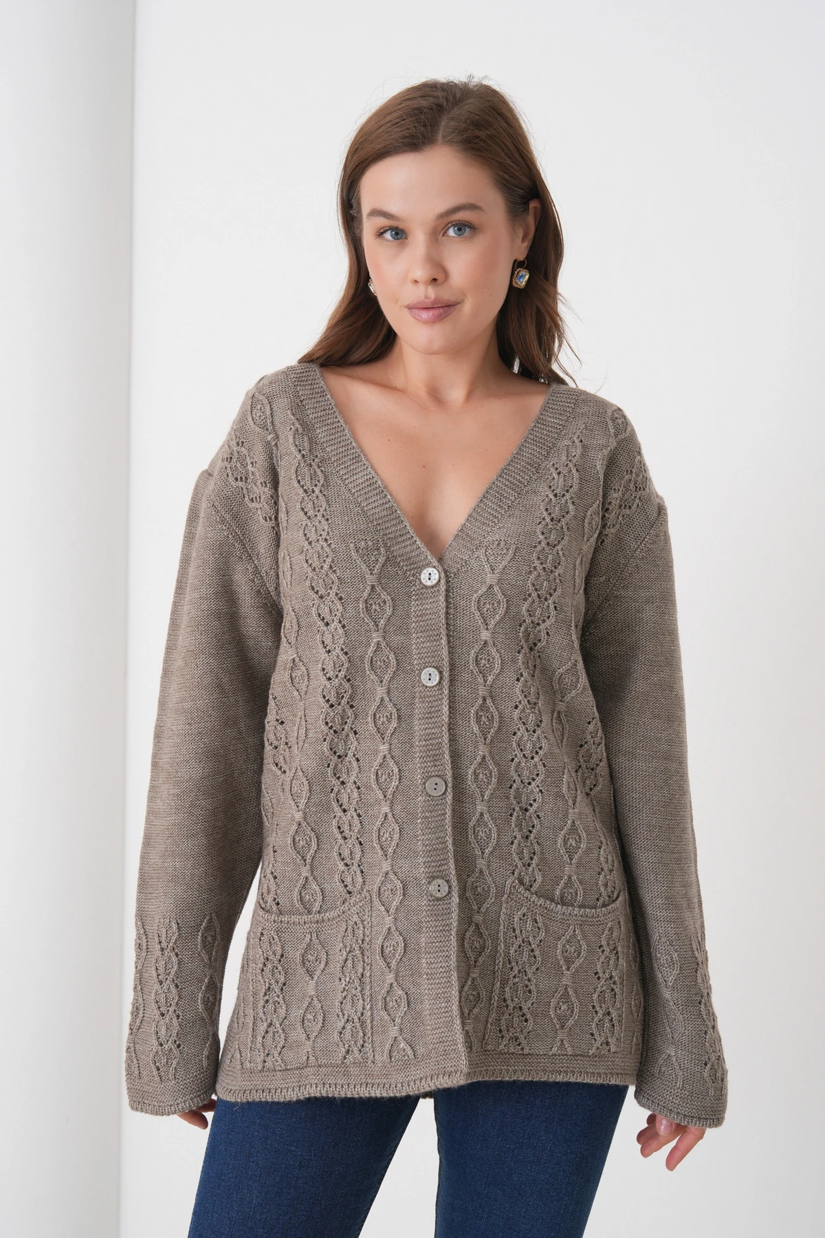 Anne Kadın Triko Cep detaylı Yün Hırka - kahve