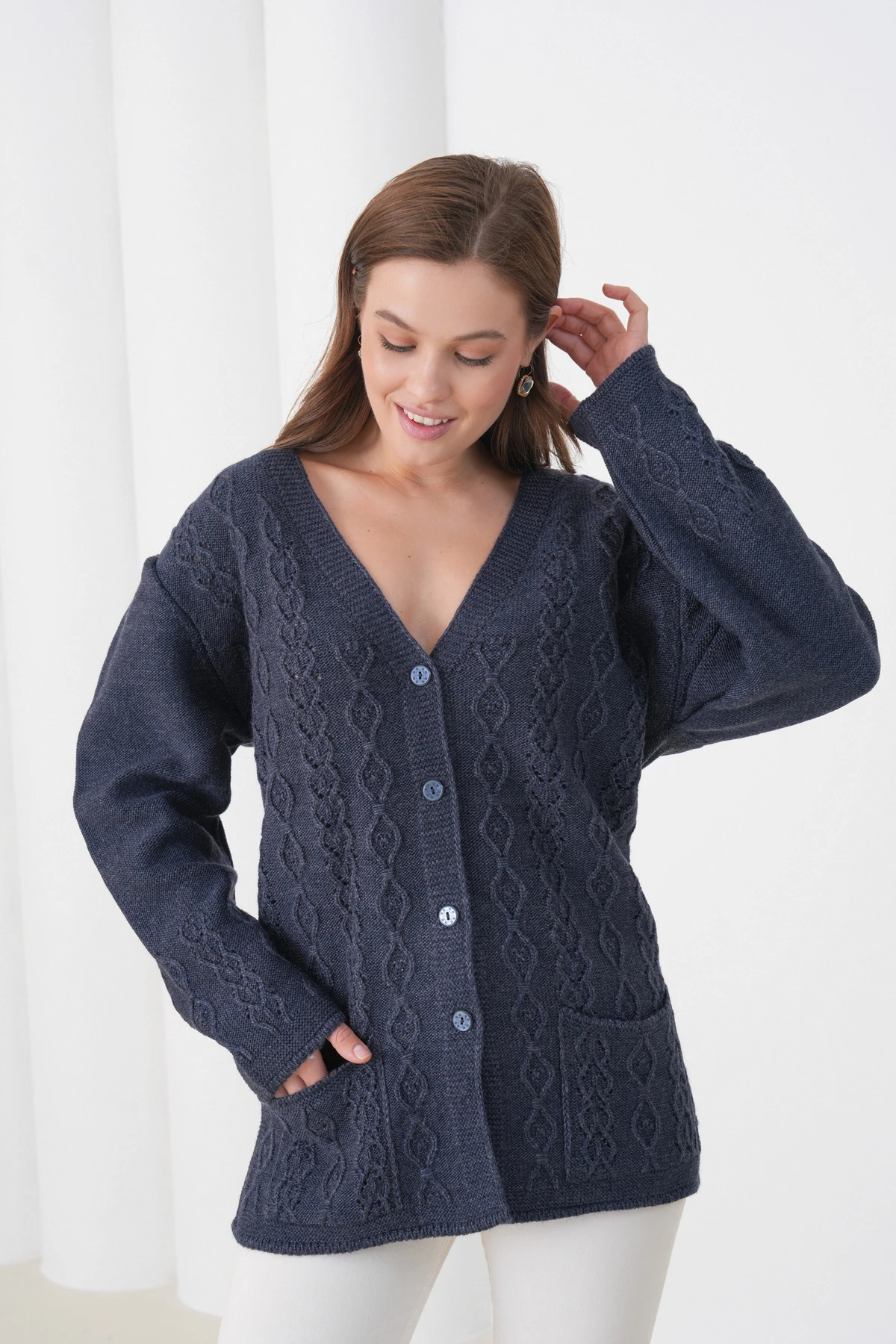 Anne Kadın Triko Cep detaylı Yün Hırka - lacivert