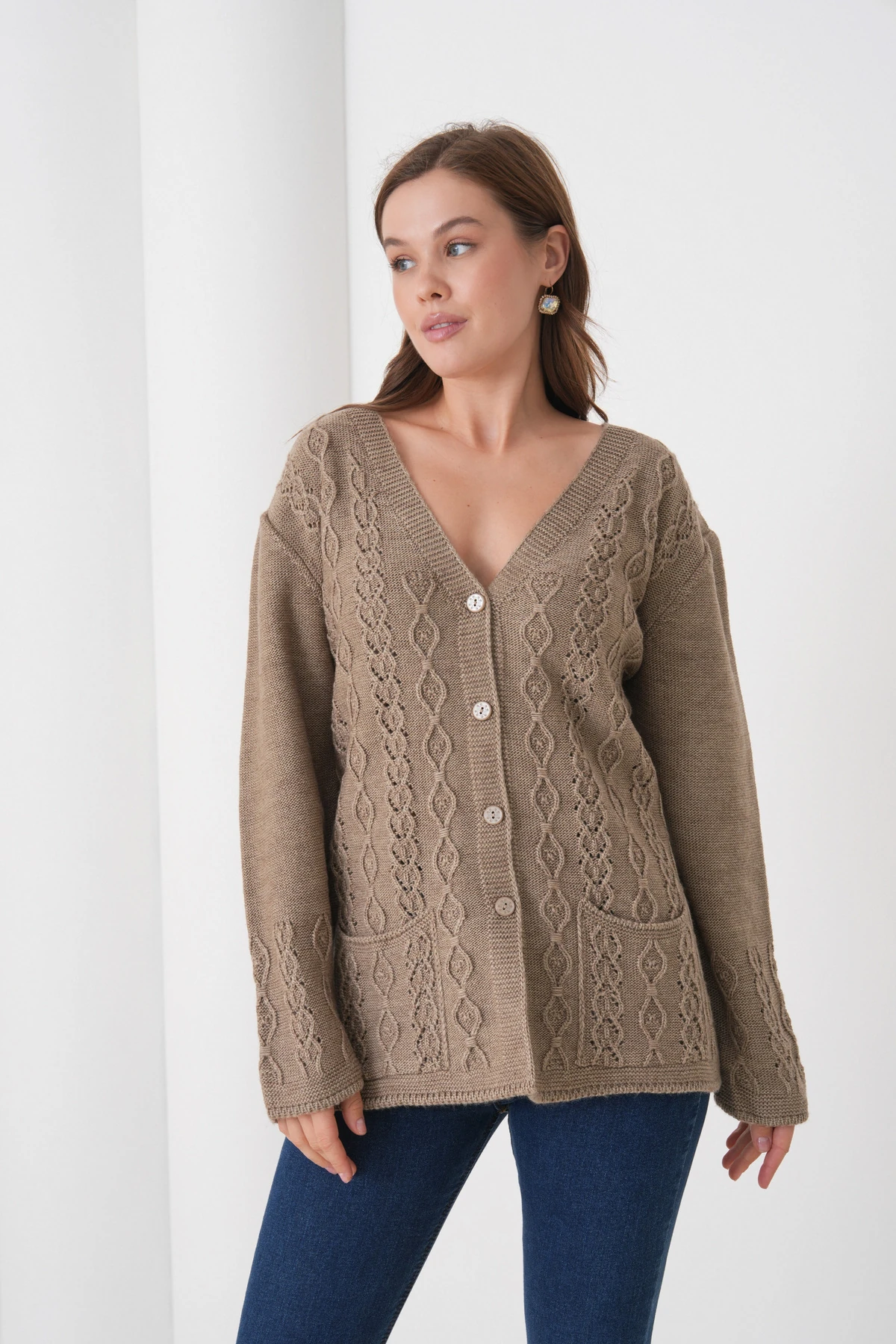 Anne Kadın Triko Cep detaylı Yün Hırka - vizon