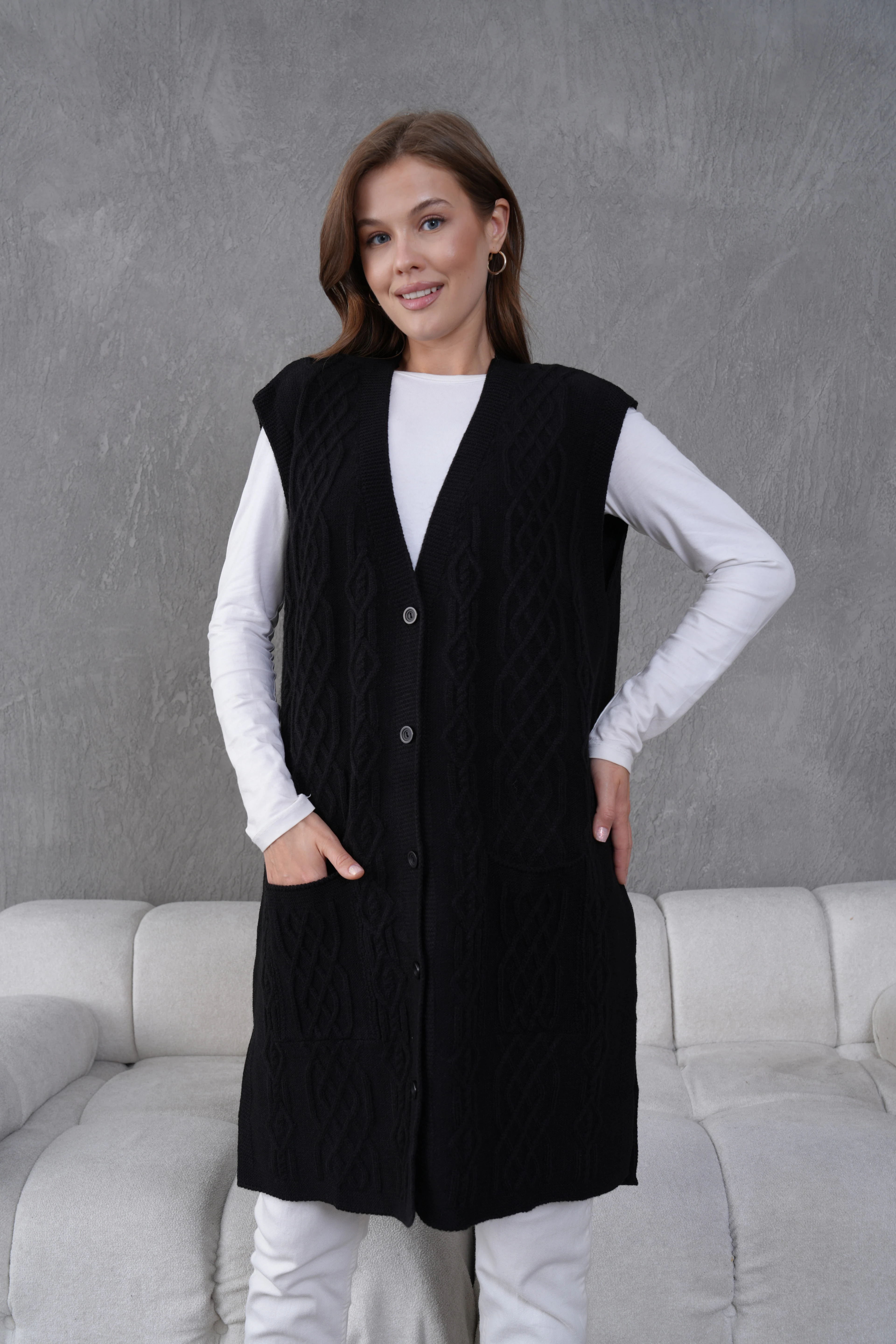 Triko Harttuş Uzun Yelek