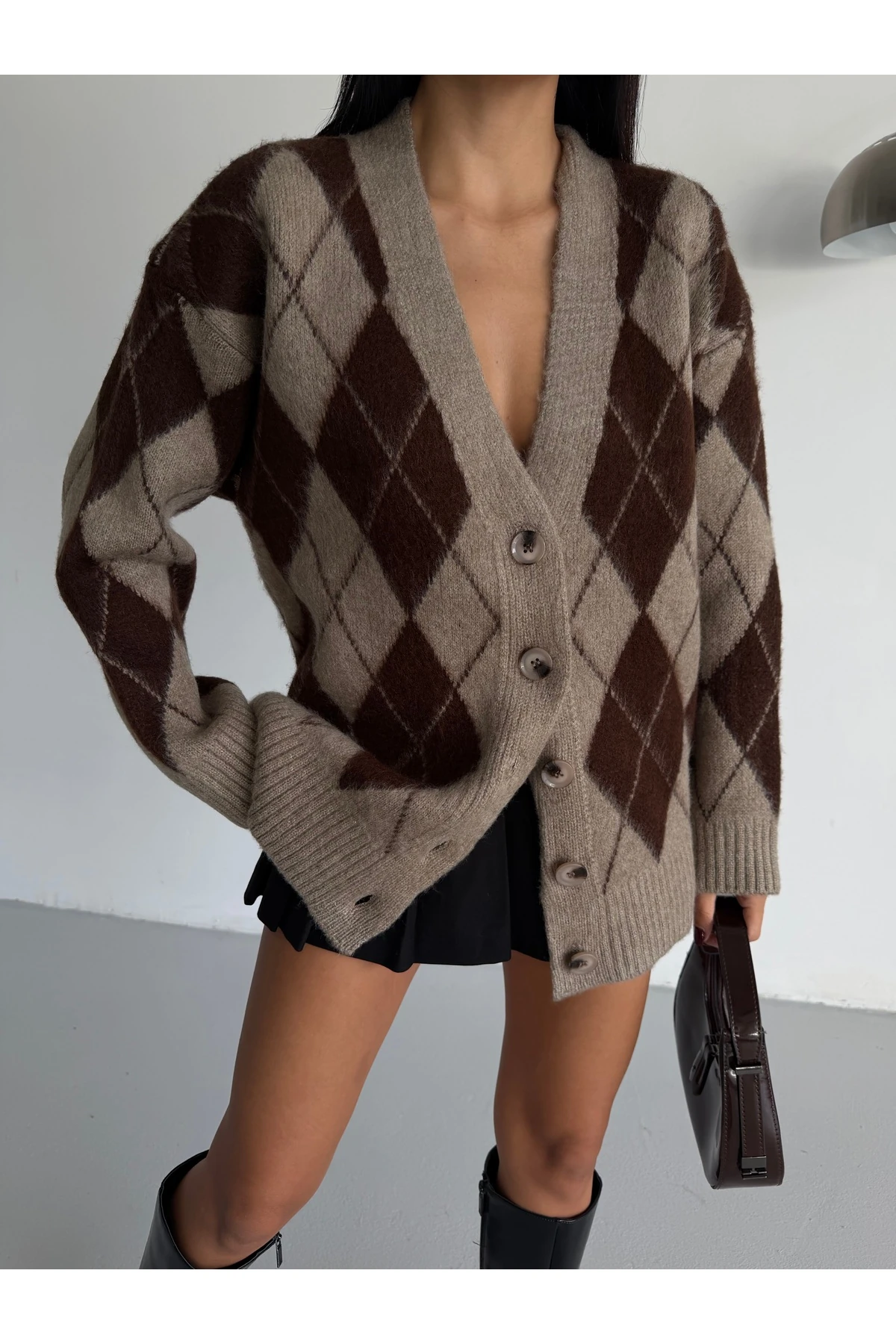 Baklava Desen Yumoş Kadın Triko Hırka - kahve-vizon