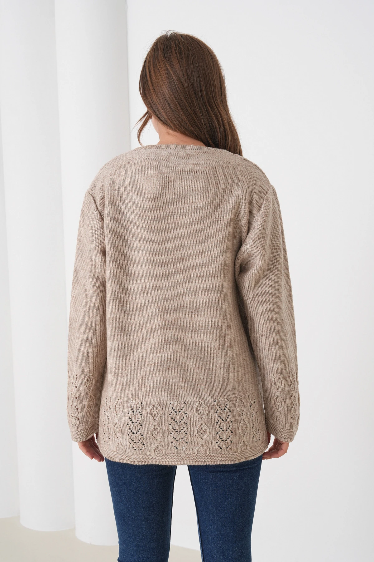 Anne Kadın Triko Cep detaylı Yün Hırka - taş