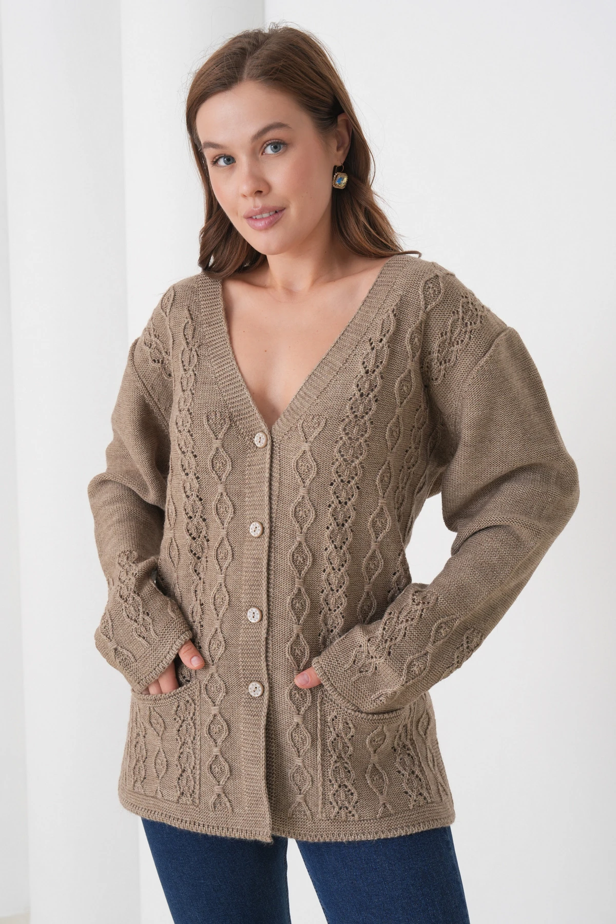 Anne Kadın Triko Cep detaylı Yün Hırka - vizon