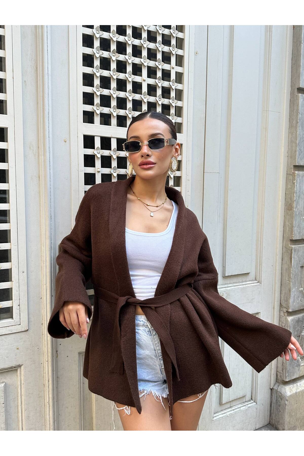 Kuşak Detaylı Yumoş Oversize Kadın Triko Hırka