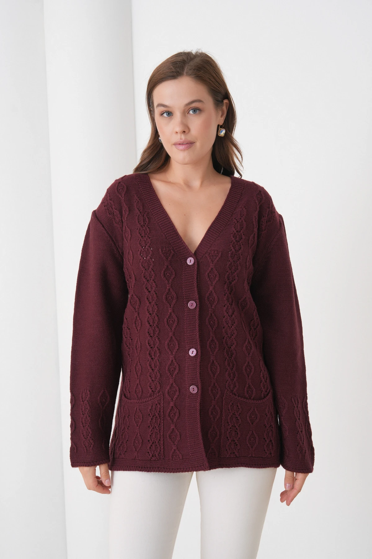 Anne Kadın Triko Cep detaylı Yün Hırka - bordo