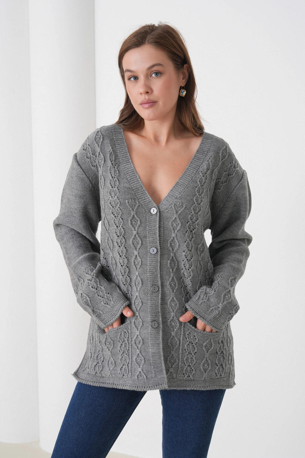 Anne Kadın Triko Cep detaylı Yün Hırka - füme