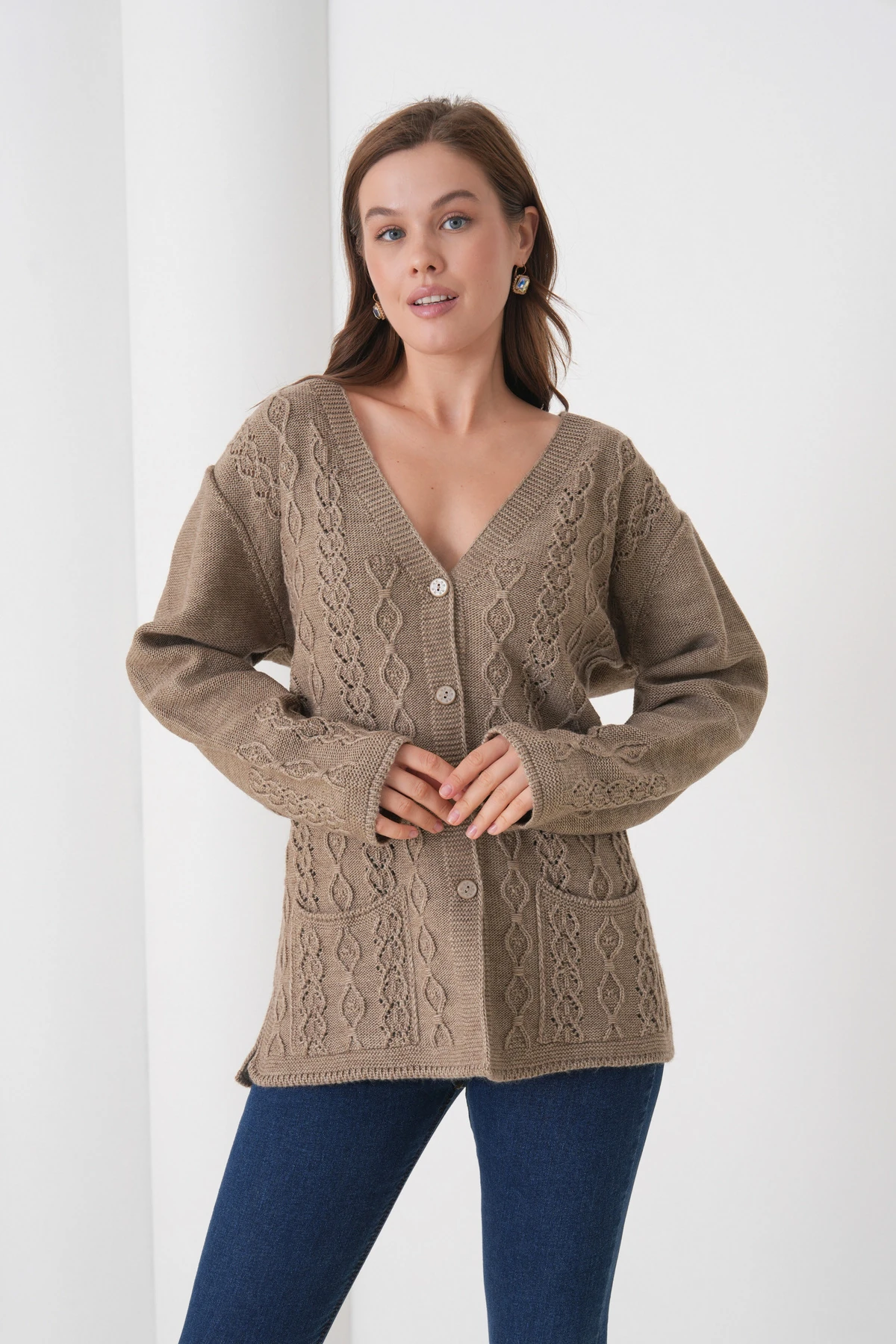 Anne Kadın Triko Cep detaylı Yün Hırka - vizon