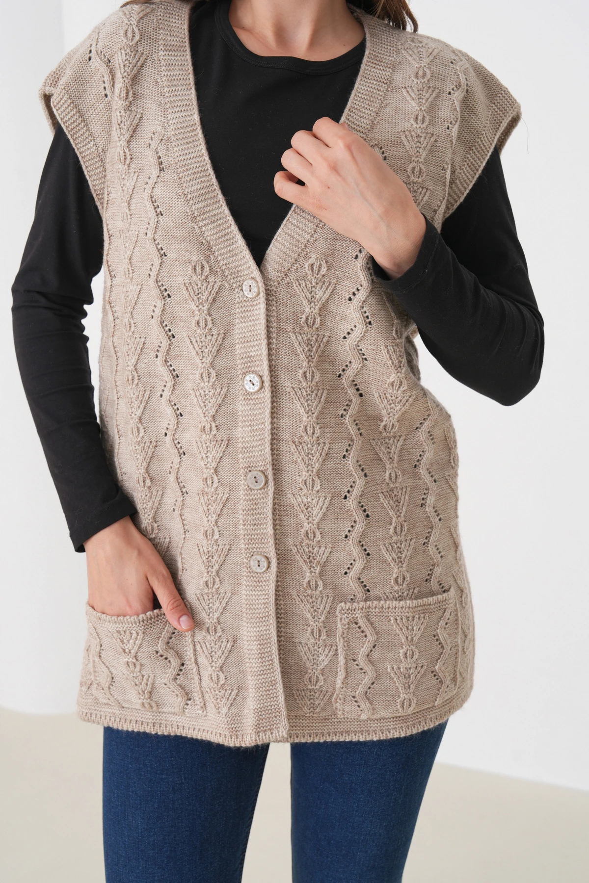 Anne Kadın Triko Büyük Beden Yün Yelek - taş