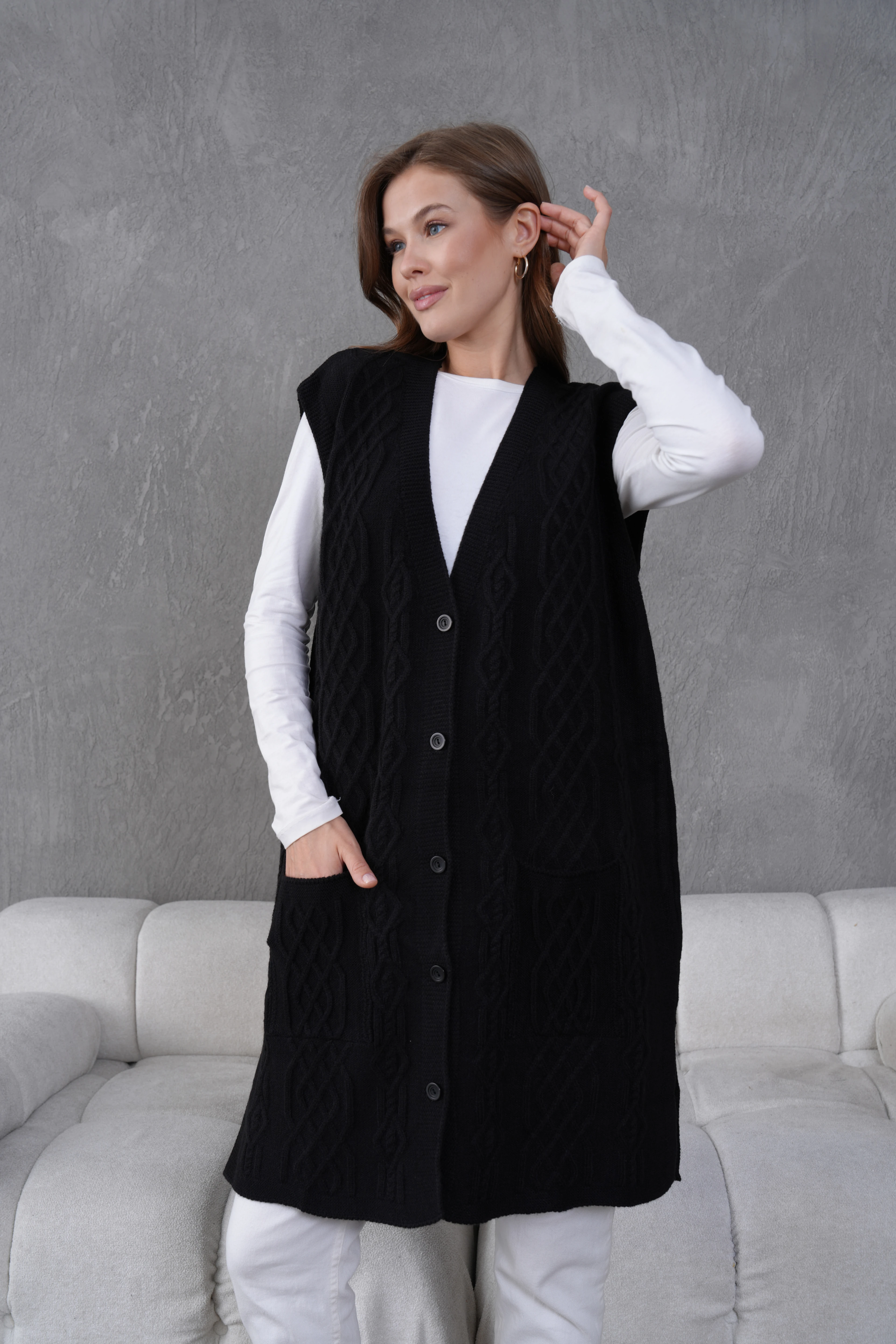 Triko Harttuş Uzun Yelek