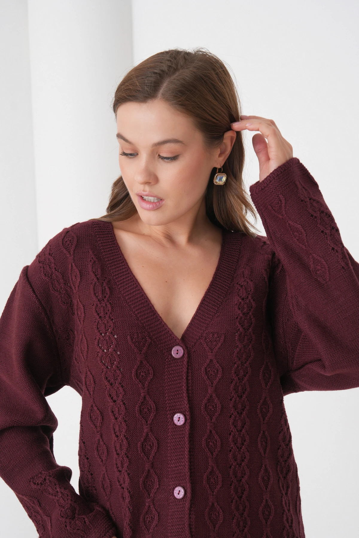 Anne Kadın Triko Cep detaylı Yün Hırka - bordo