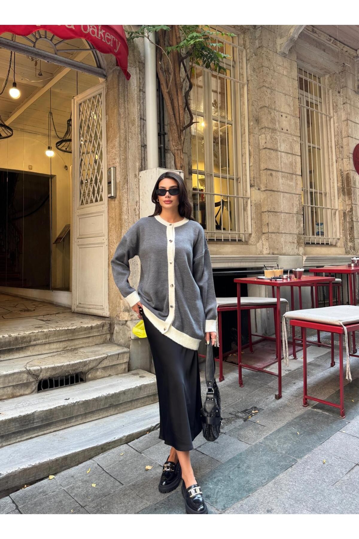 Çift Renk Detaylı Oversize Kadın Triko Hırka