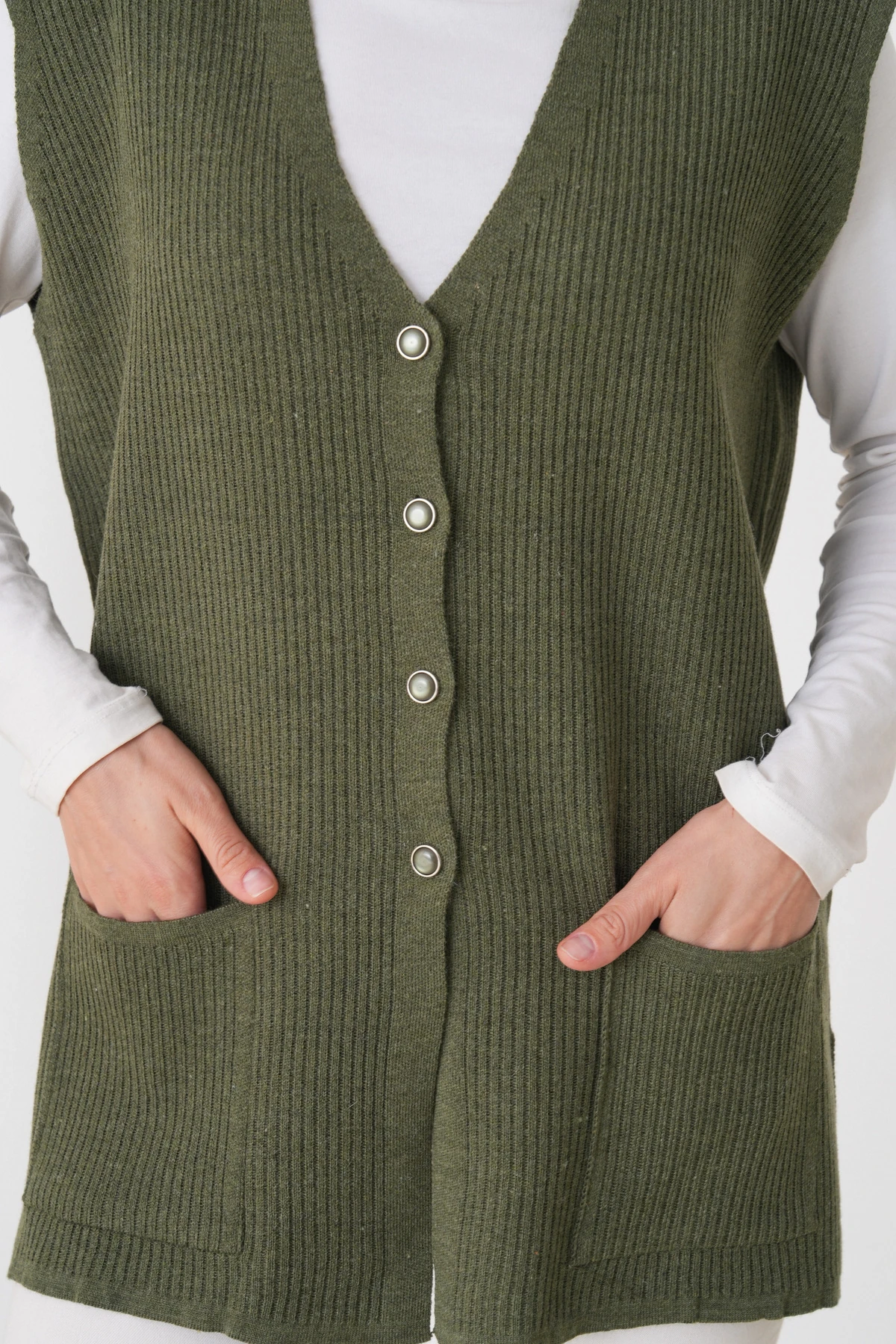 Anne Kadın Triko Fitilli Yün Yelek - haki