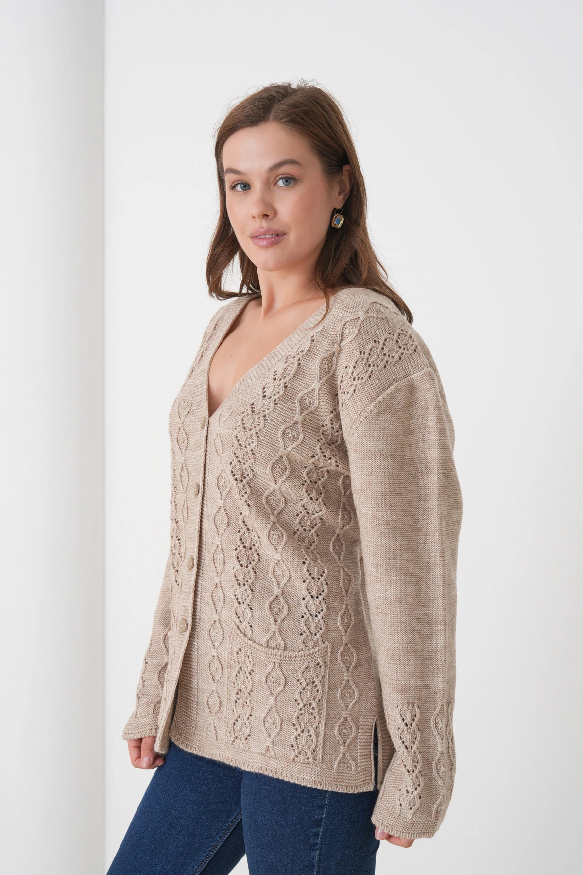 Anne Kadın Triko Cep detaylı Yün Hırka - taş