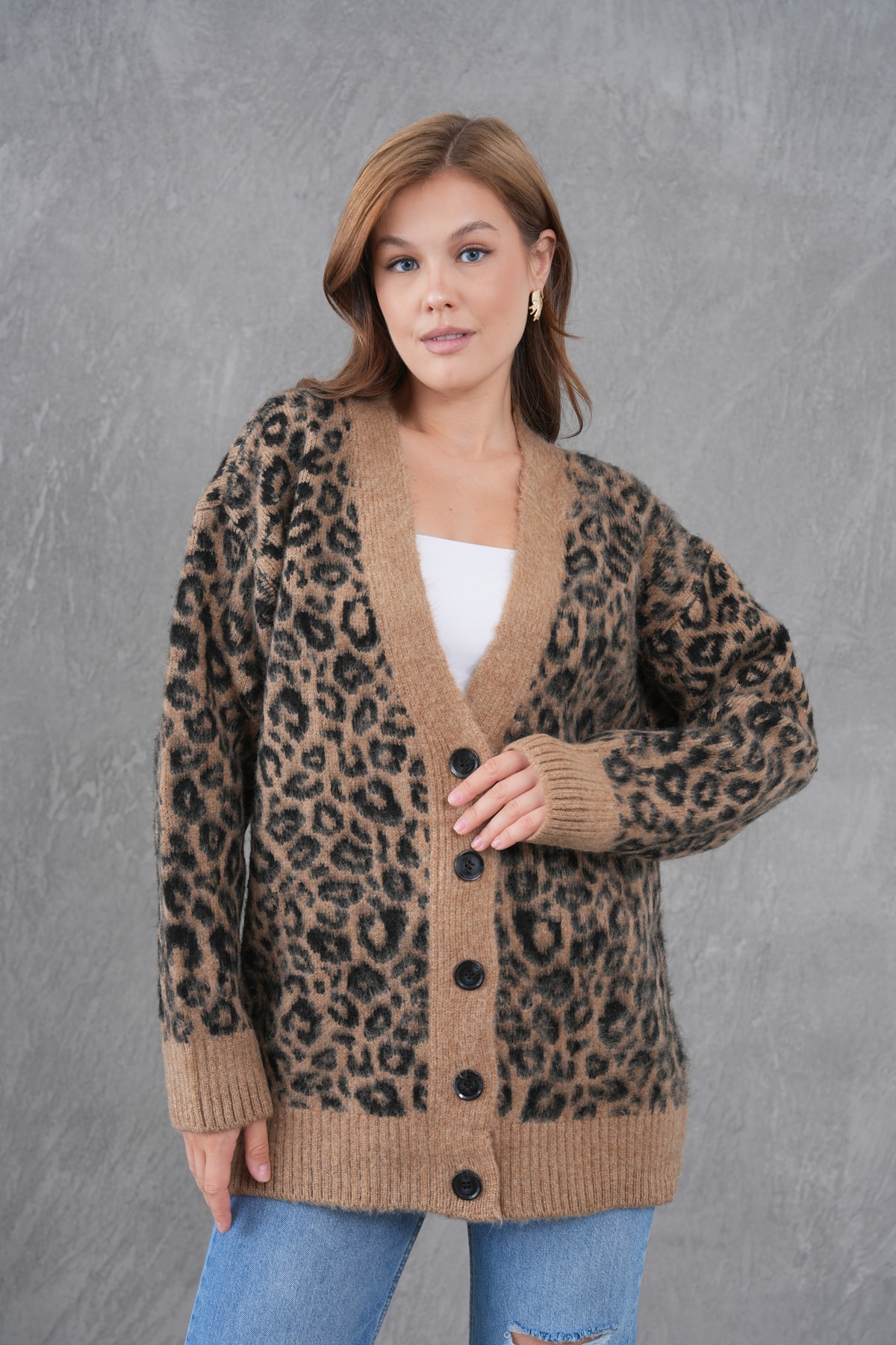 leopar desen V yaka Hırka