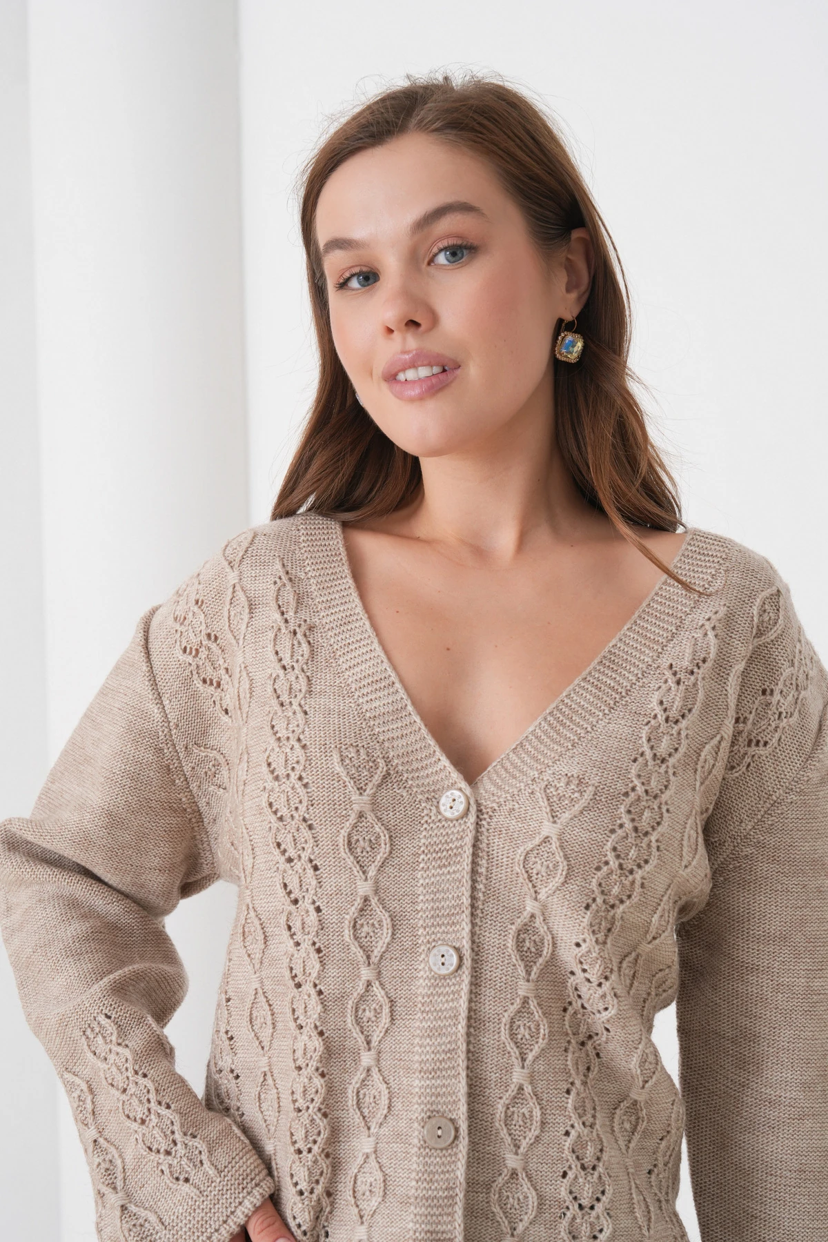 Anne Kadın Triko Cep detaylı Yün Hırka - taş