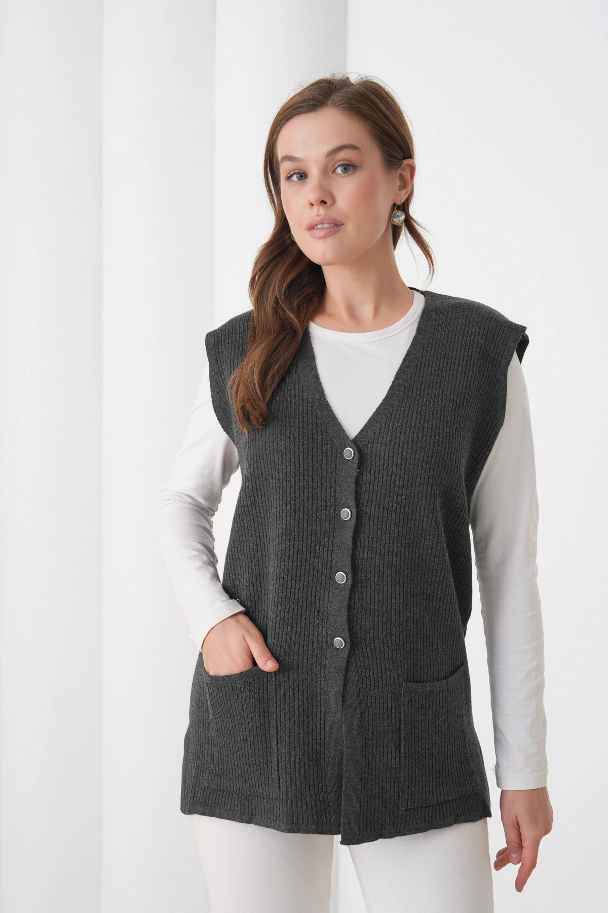 Anne Kadın Triko Fitilli Yün Yelek