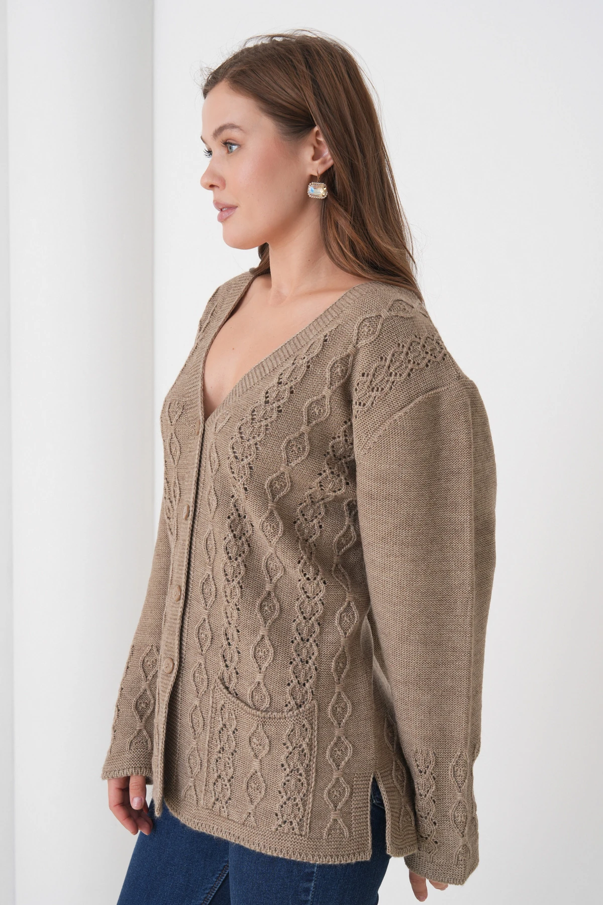 Anne Kadın Triko Cep detaylı Yün Hırka - vizon