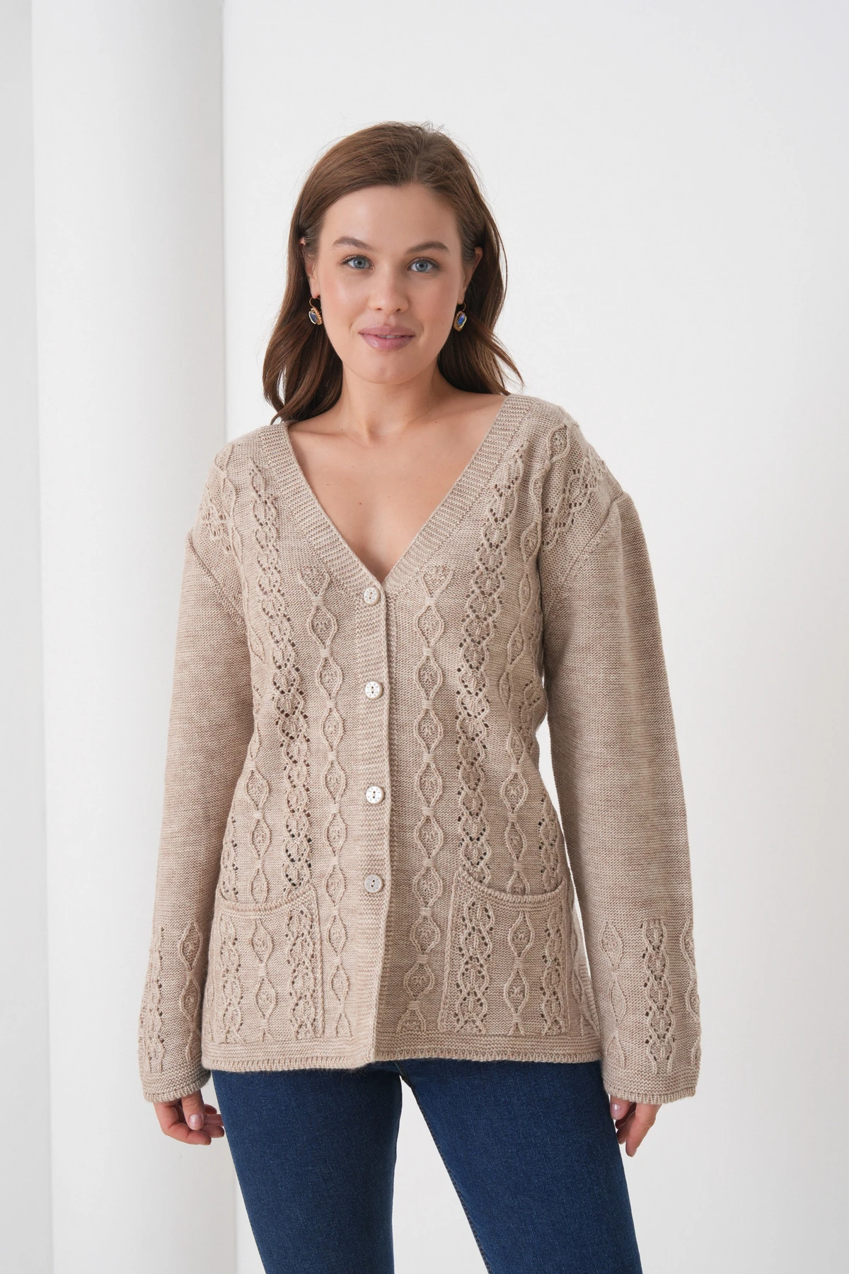 Anne Kadın Triko Cep detaylı Yün Hırka - taş