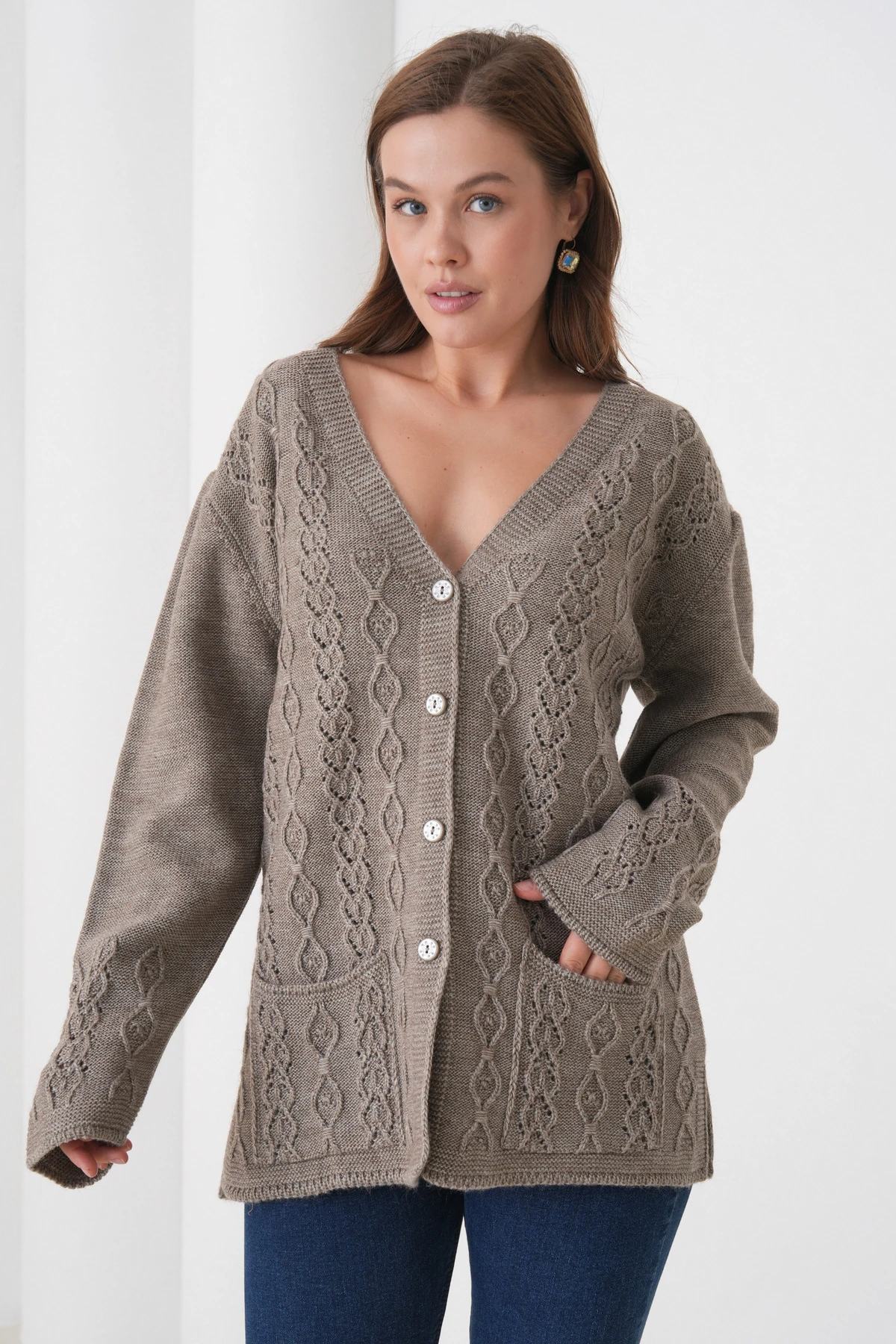 Anne Kadın Triko Cep detaylı Yün Hırka - kahve