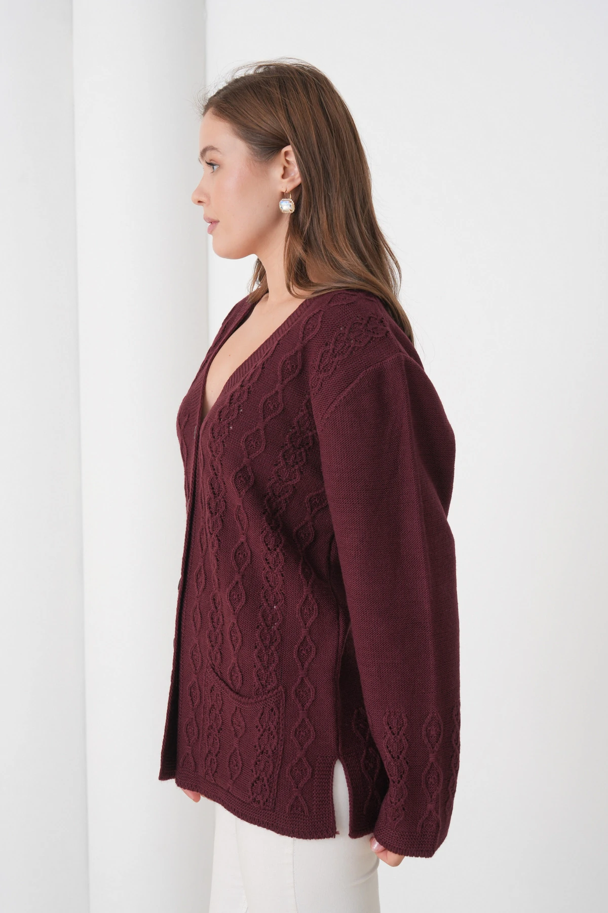 Anne Kadın Triko Cep detaylı Yün Hırka - bordo