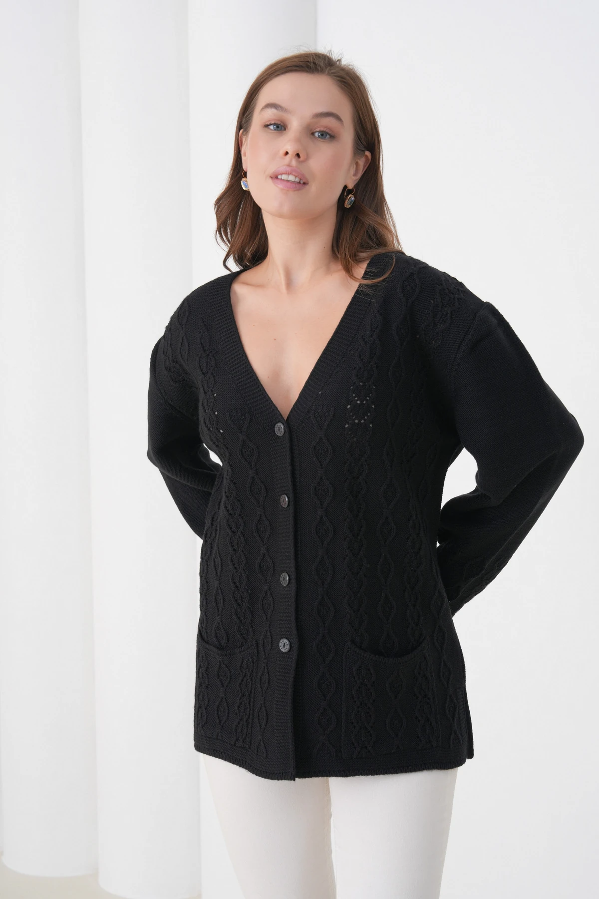 Anne Kadın Triko Cep detaylı Yün Hırka - siyah