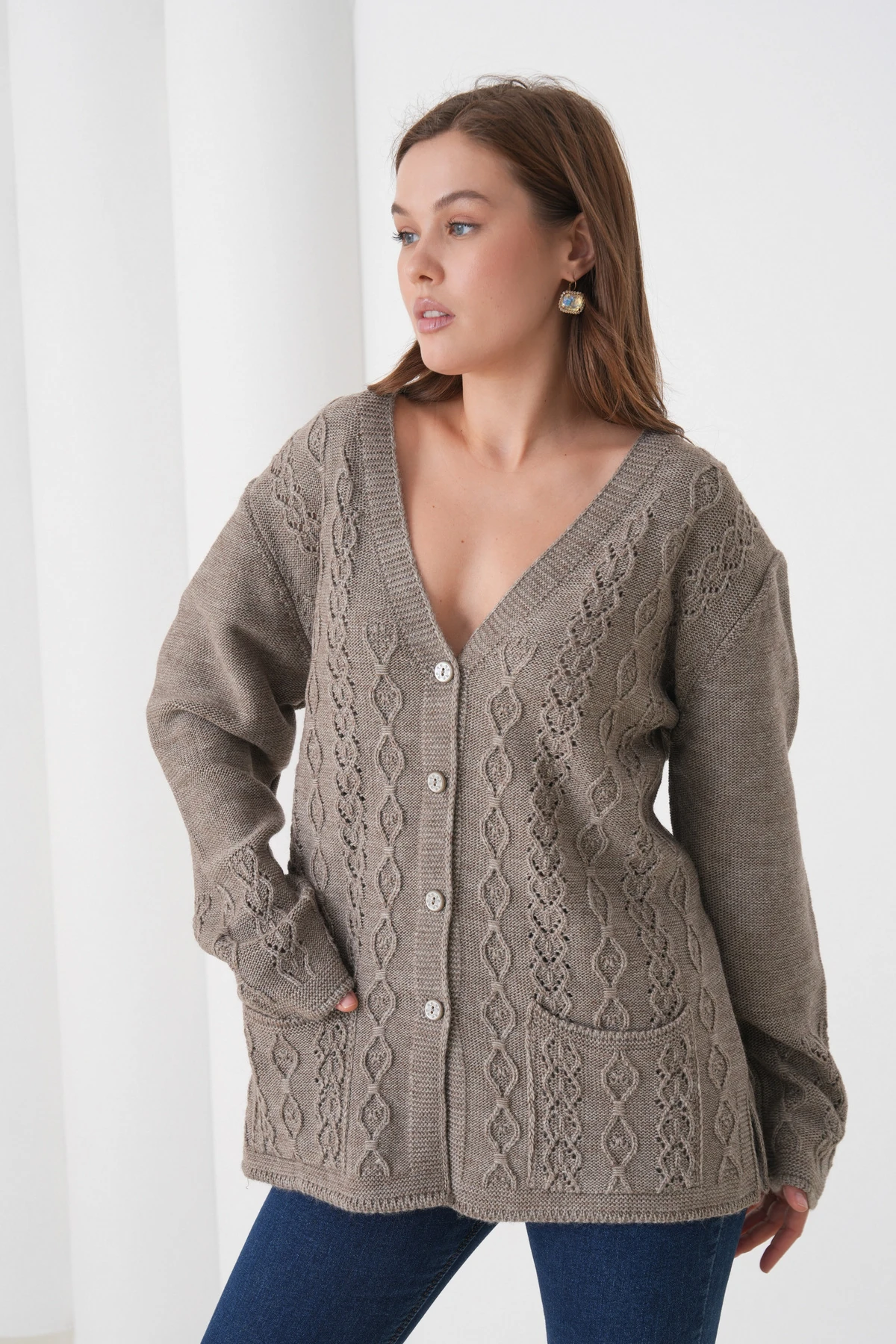 Anne Kadın Triko Cep detaylı Yün Hırka - kahve