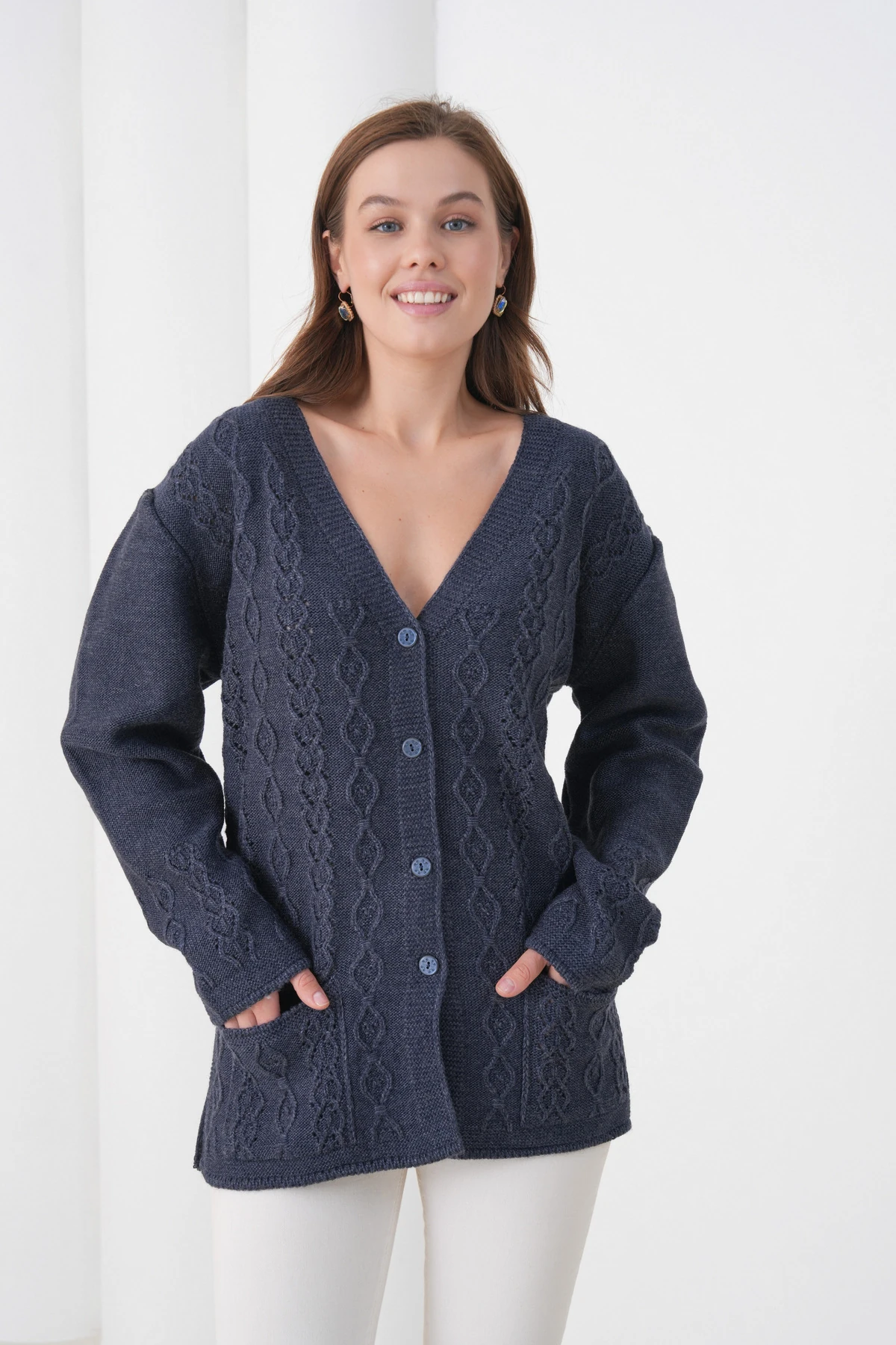 Anne Kadın Triko Cep detaylı Yün Hırka - lacivert