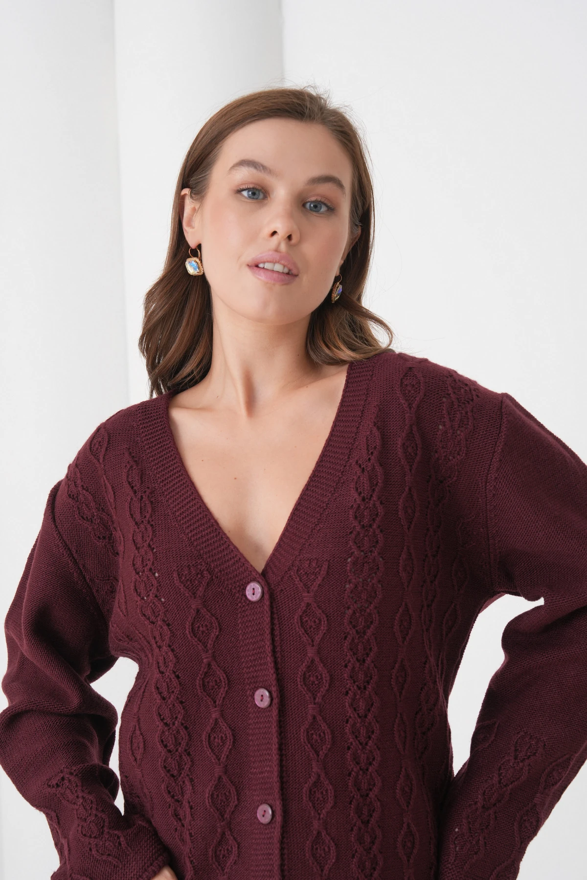 Anne Kadın Triko Cep detaylı Yün Hırka - bordo