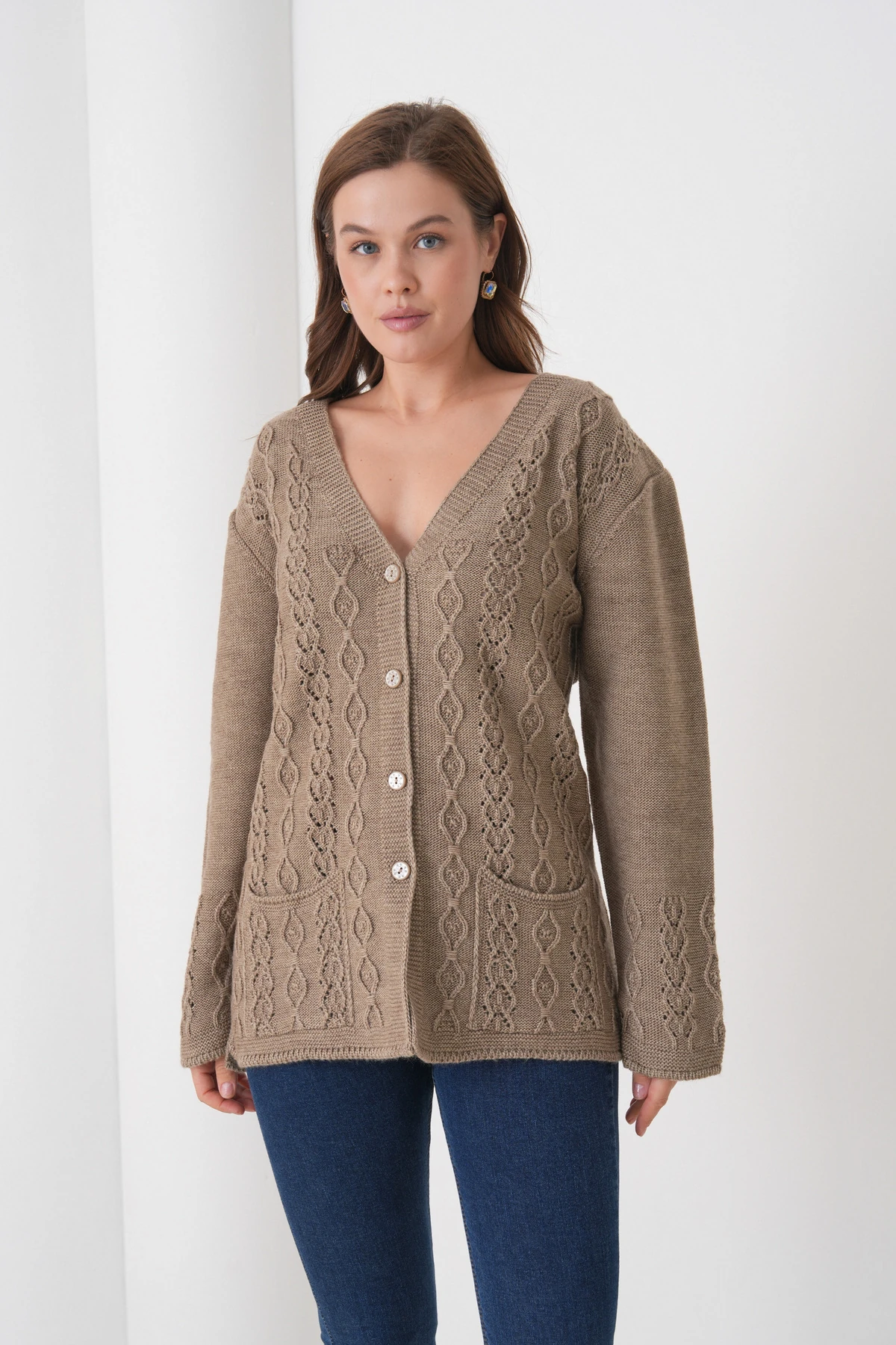 Anne Kadın Triko Cep detaylı Yün Hırka - vizon