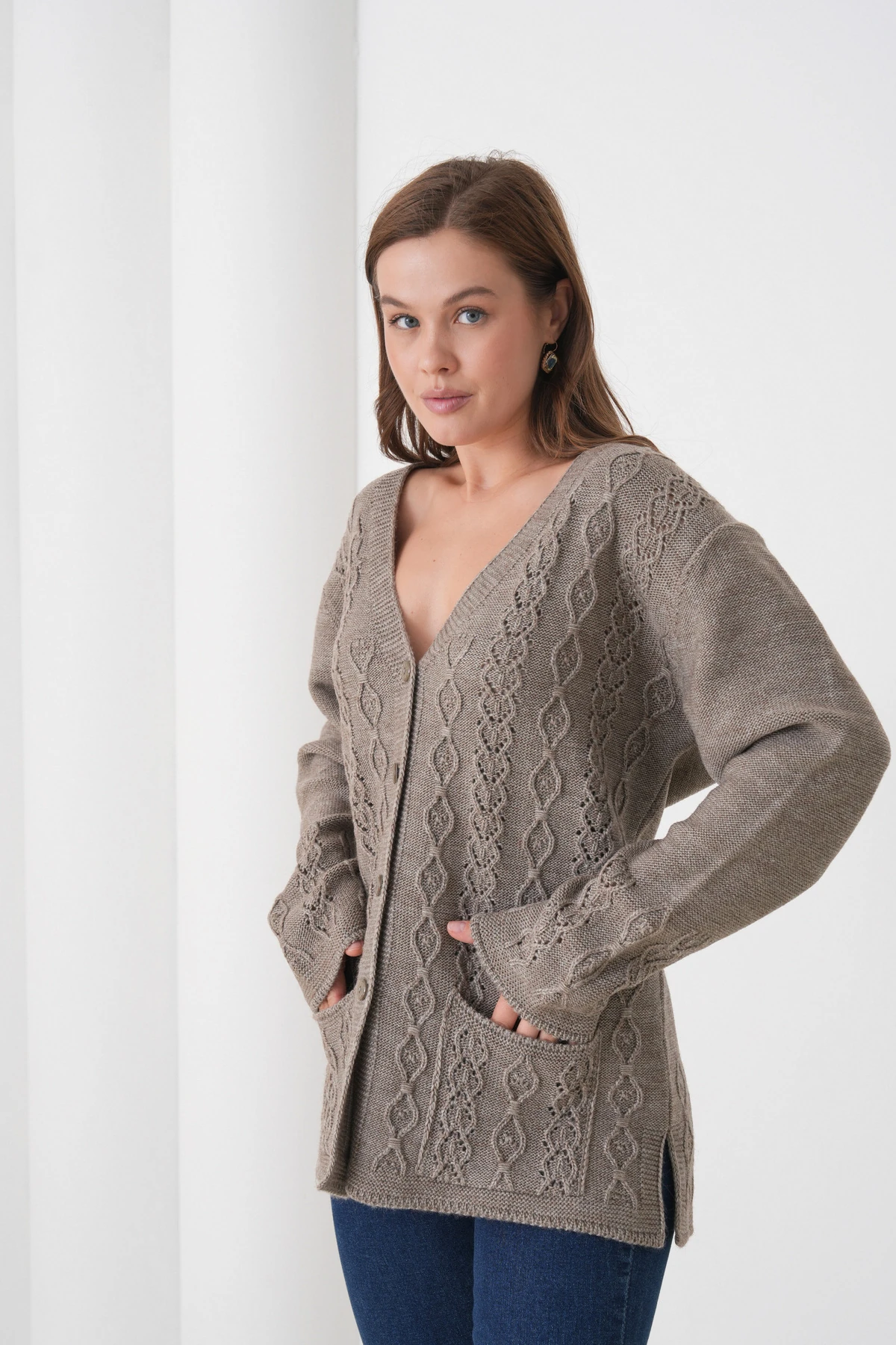 Anne Kadın Triko Cep detaylı Yün Hırka - kahve