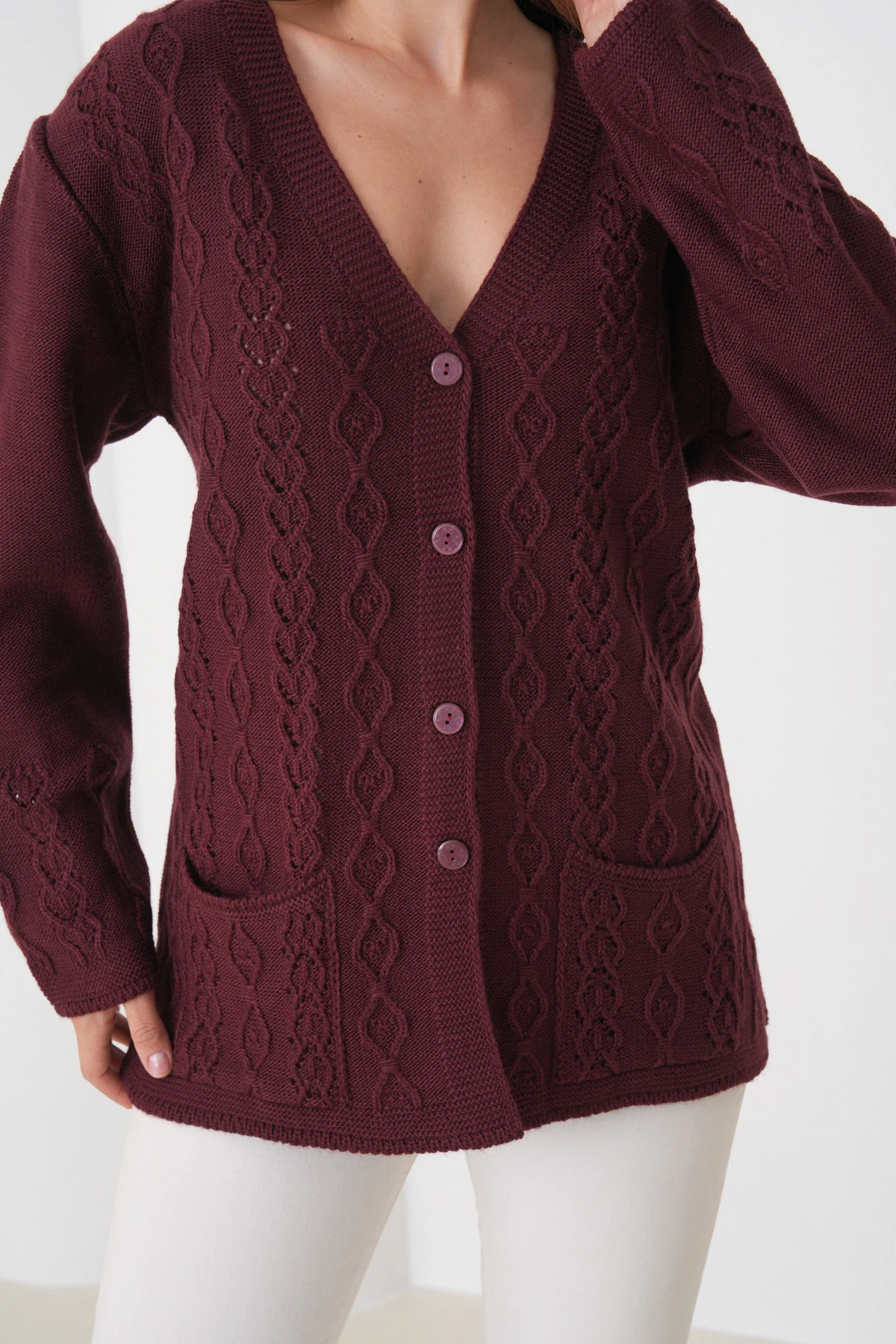 Anne Kadın Triko Cep detaylı Yün Hırka - bordo