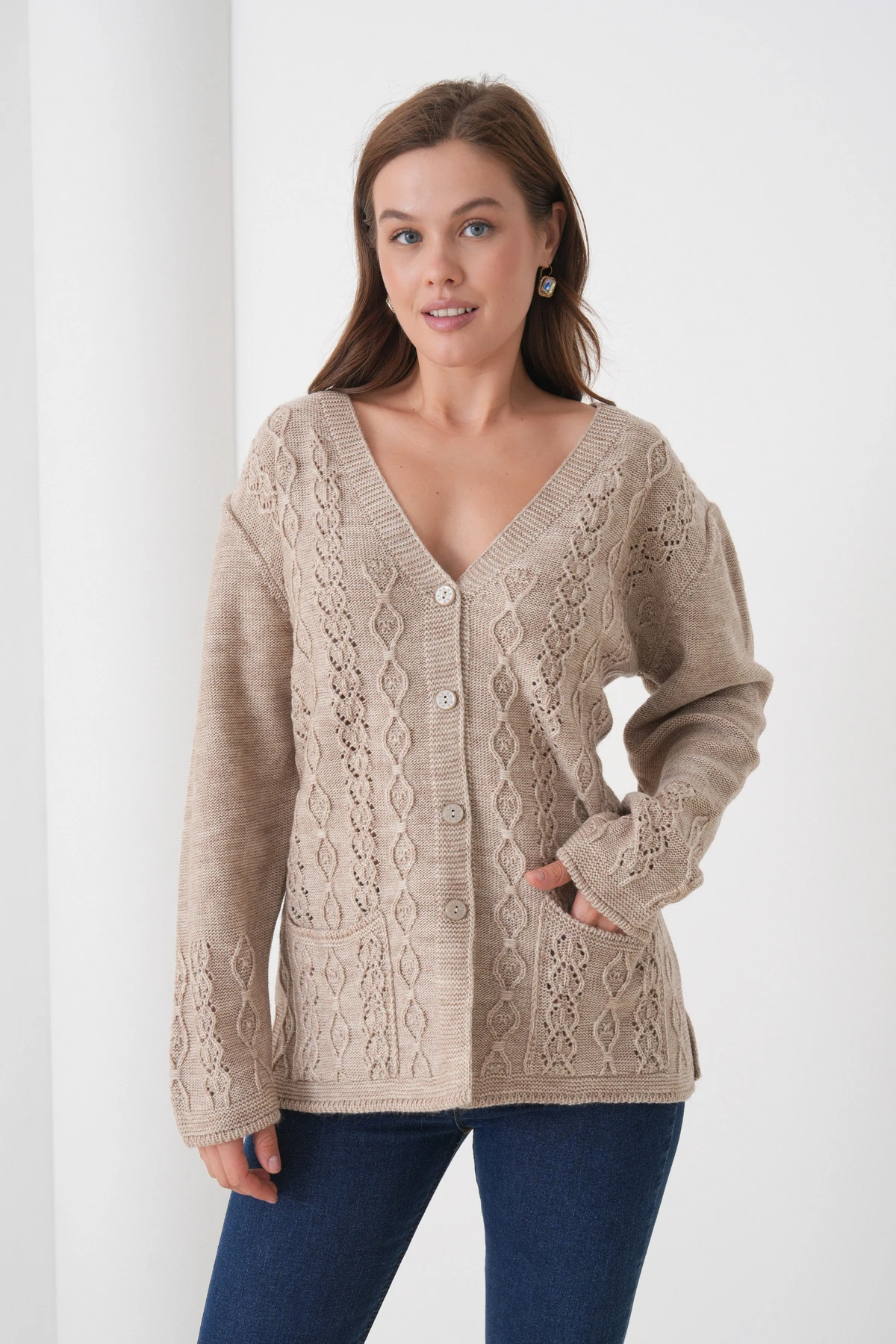 Anne Kadın Triko Cep detaylı Yün Hırka - taş