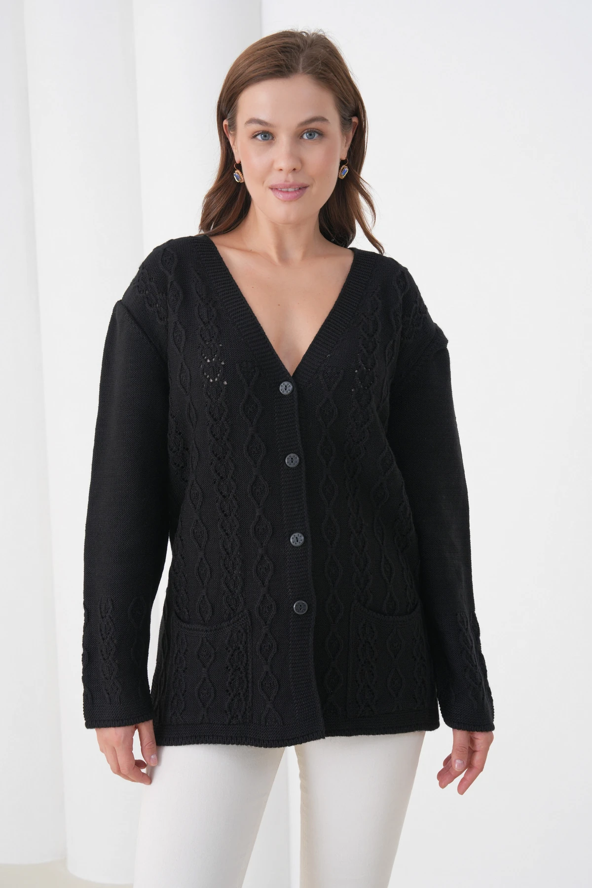 Anne Kadın Triko Cep detaylı Yün Hırka - siyah