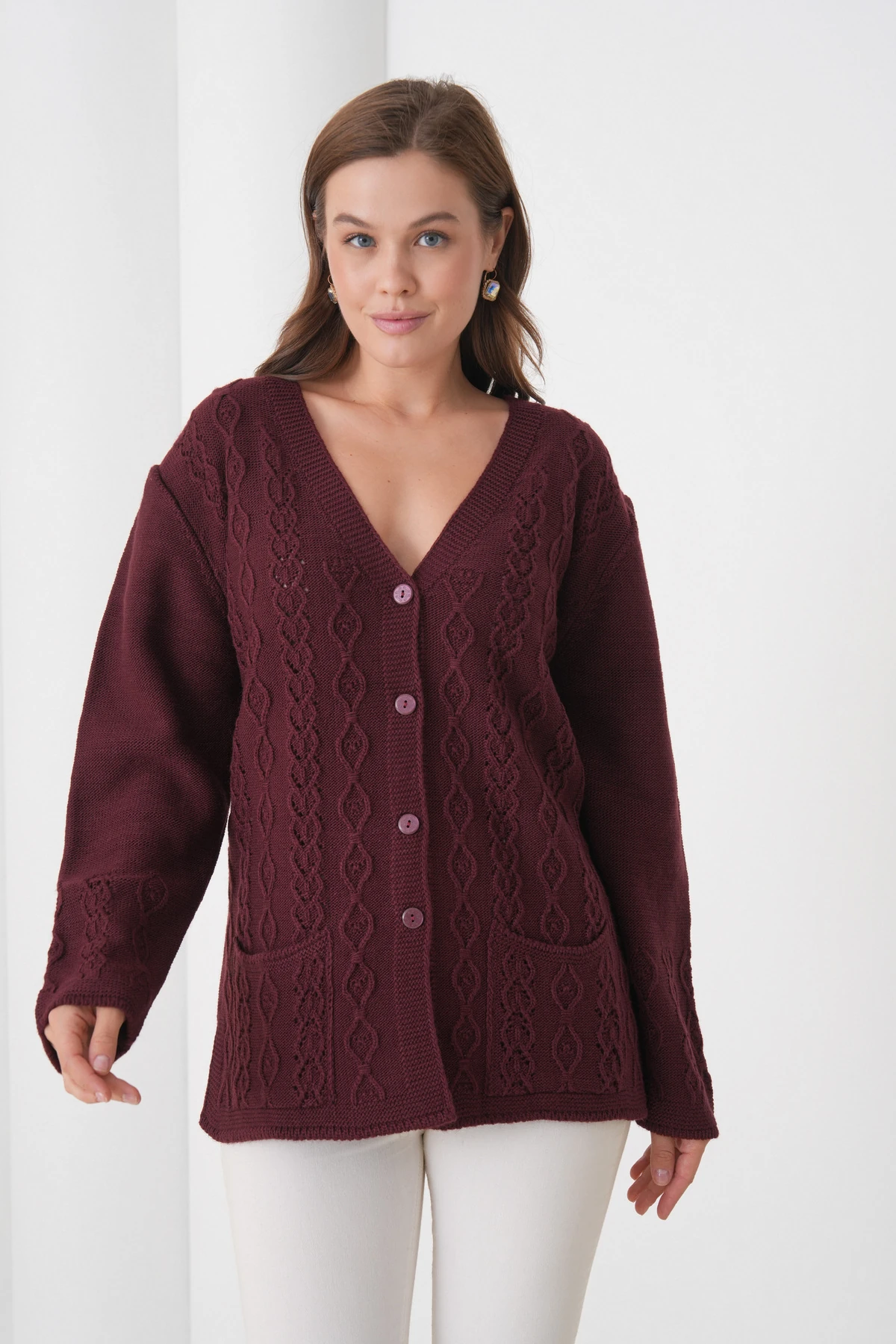 Anne Kadın Triko Cep detaylı Yün Hırka - bordo