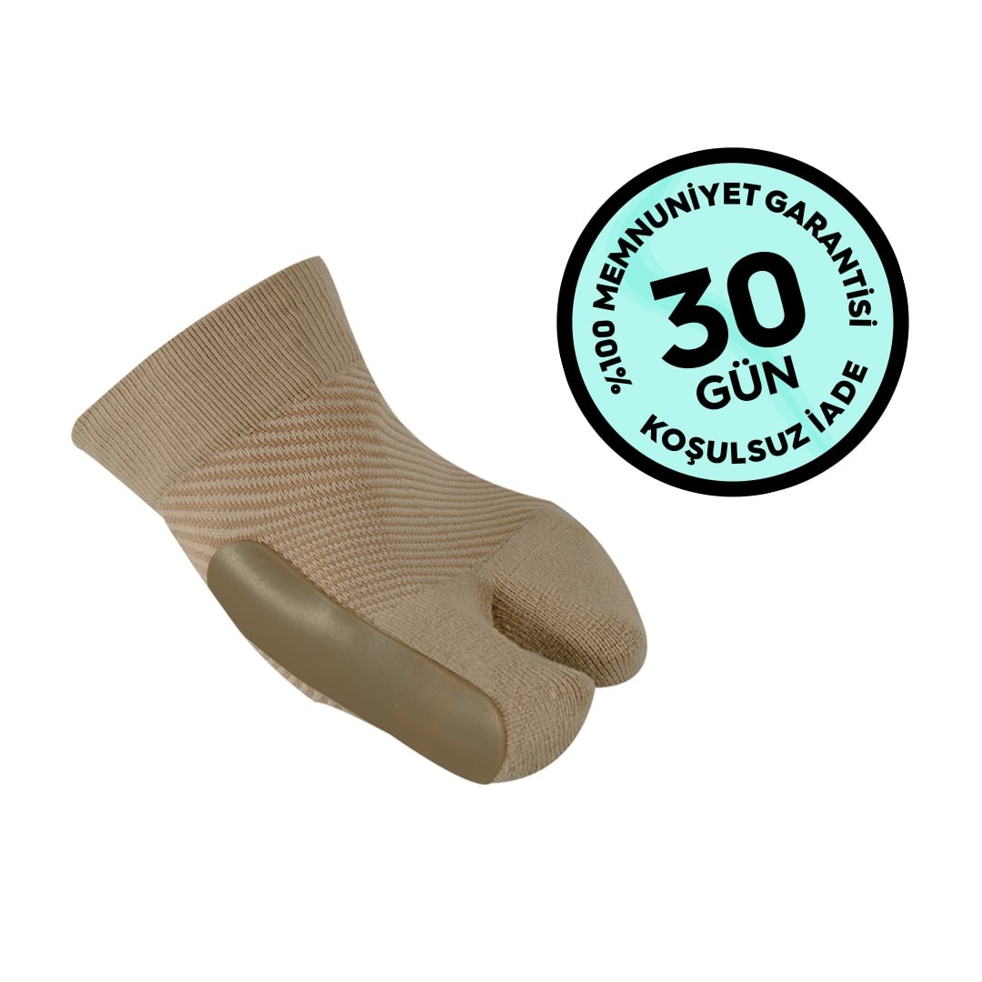 It is a special splint for bunion pain. Positions the big toe at the correct angle. Provides gradual correction and relief. Wearable underneath socks. Non-slip, very thin.