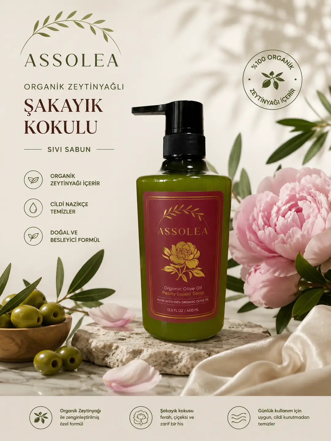 Assolea Organik Zeytinyağlı Şakayık Kokulu Sıvı Sabun
