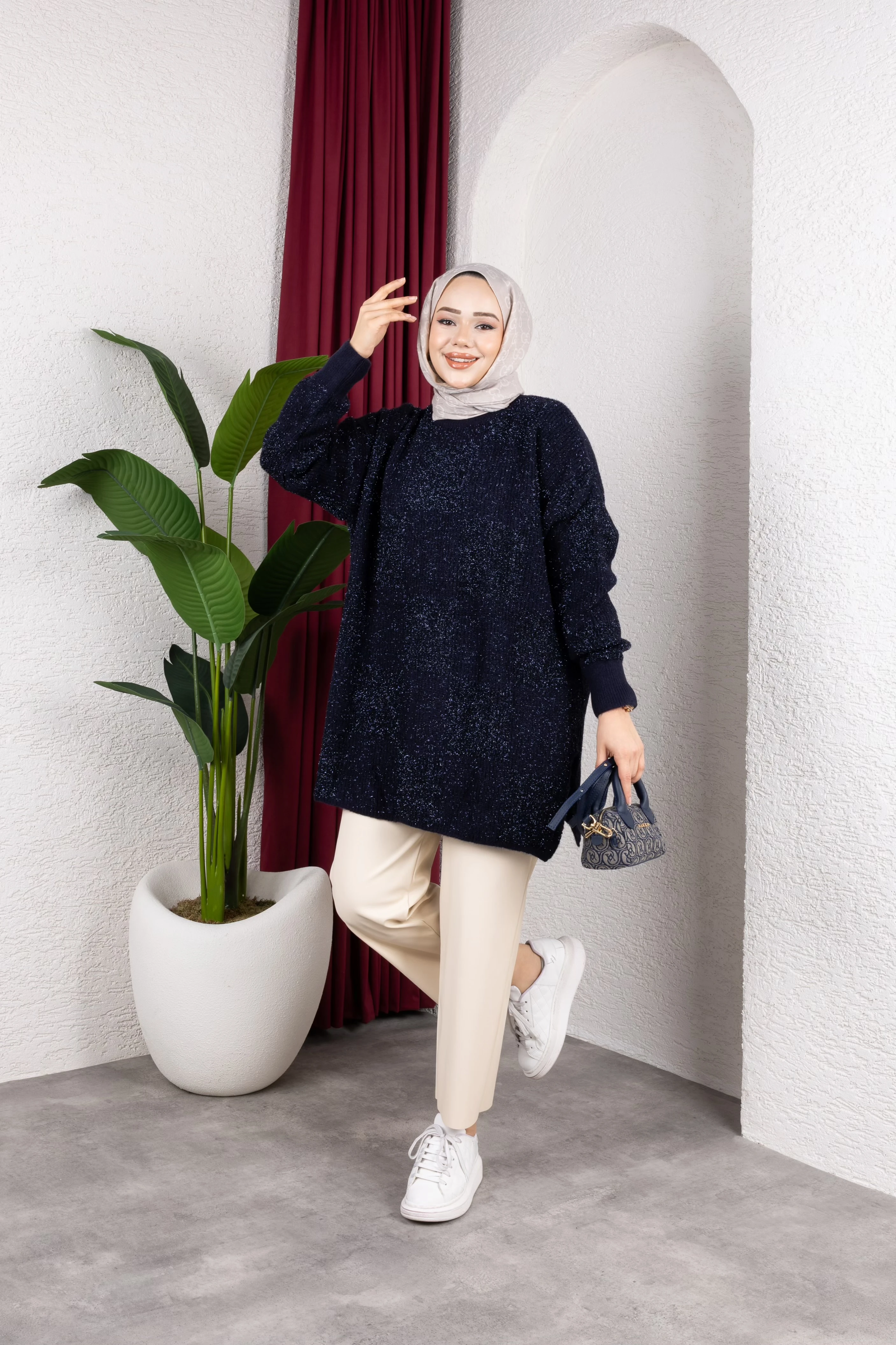 Desenli Simli Triko Kazak