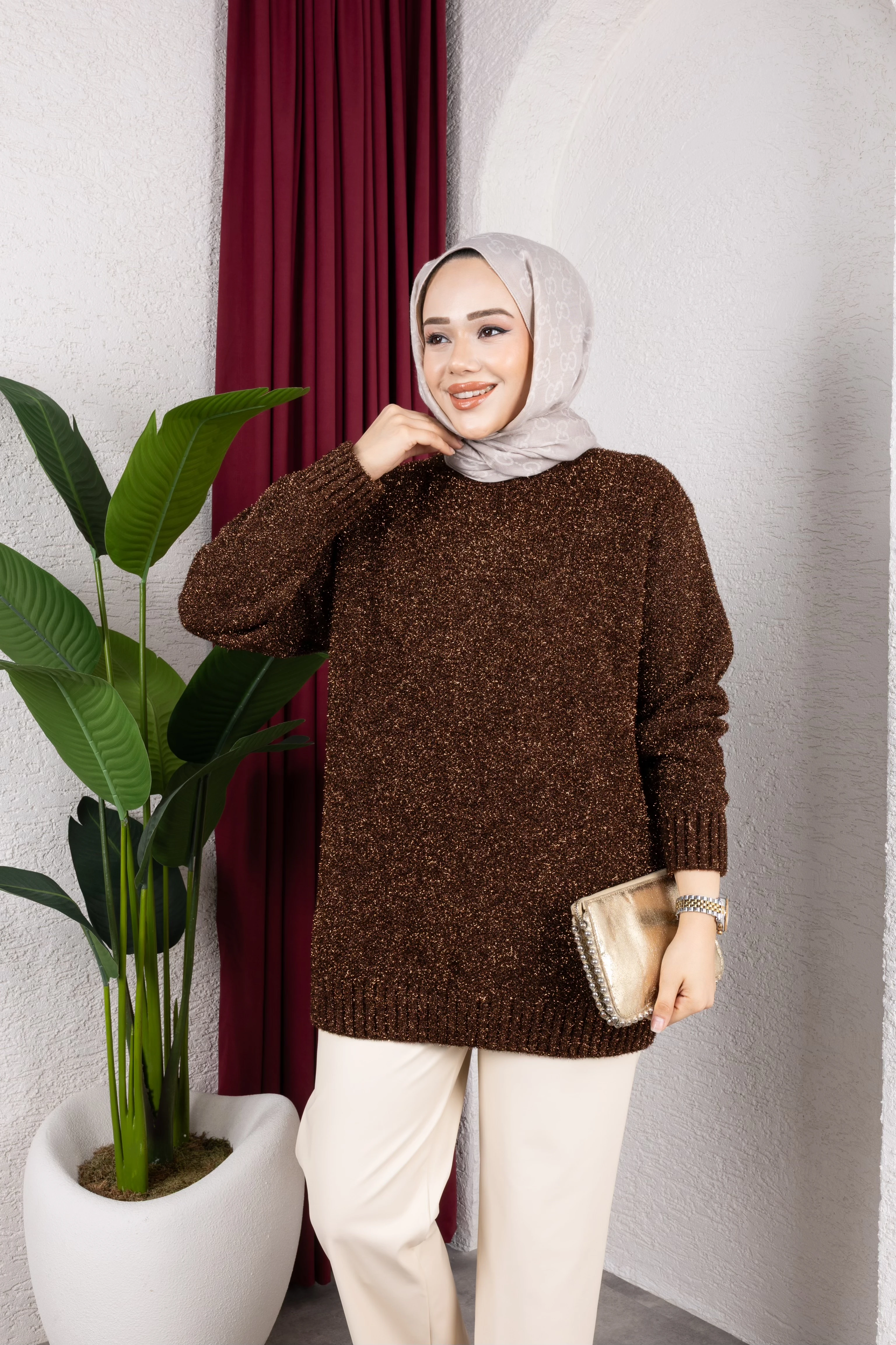 Simli Triko Kazak - Kahve