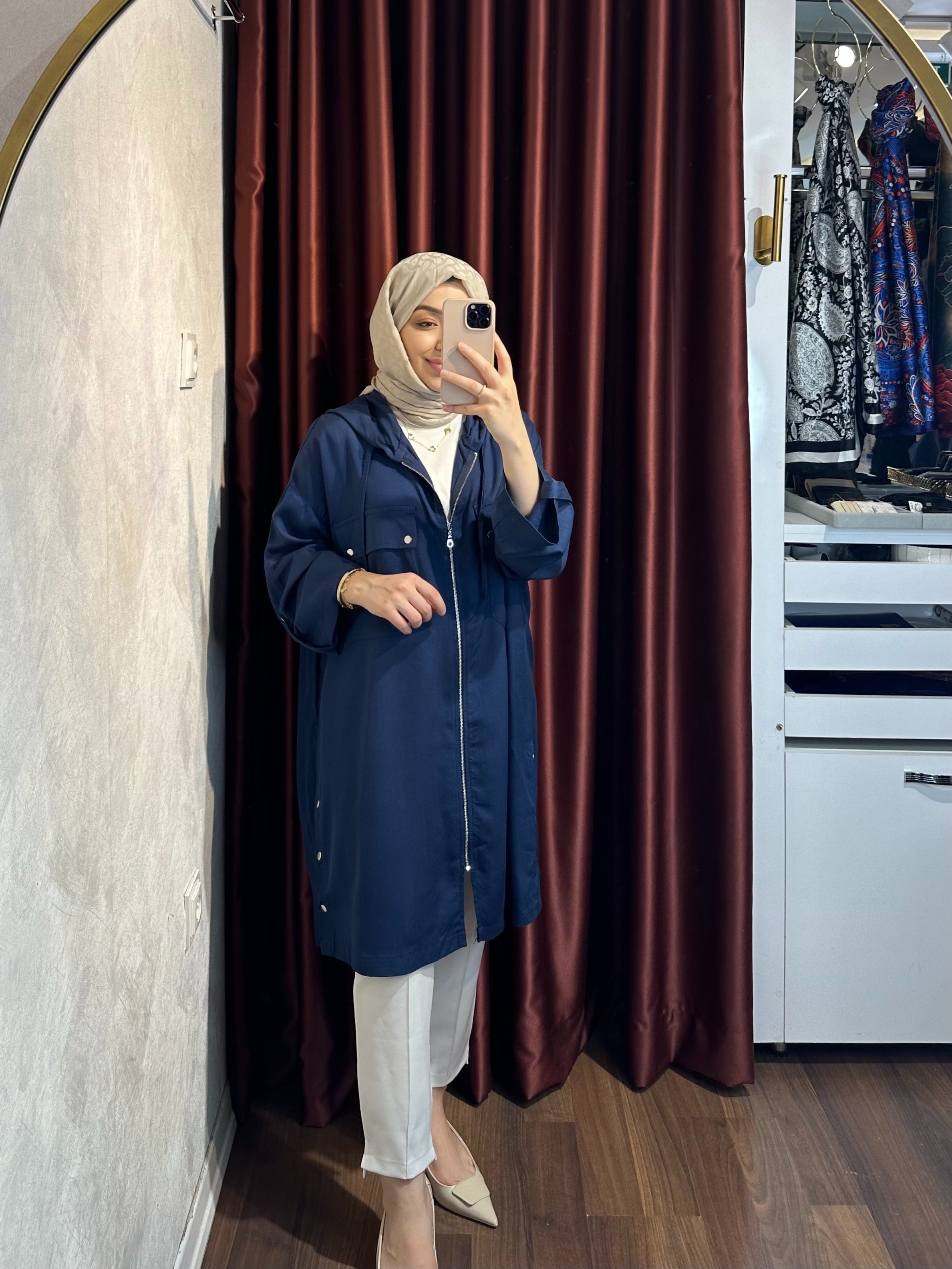 Tensel Kapşonlu Rahat Kap - Lacivert